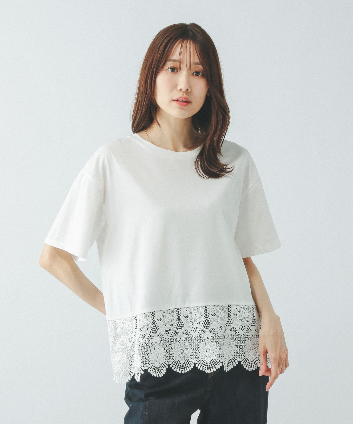 【SALE／26%OFF】GLOBAL WORK フローズンTレースドッキング/498339 グローバルワーク トップス カットソー・Tシャツ ホワイト ブラックのサムネイル