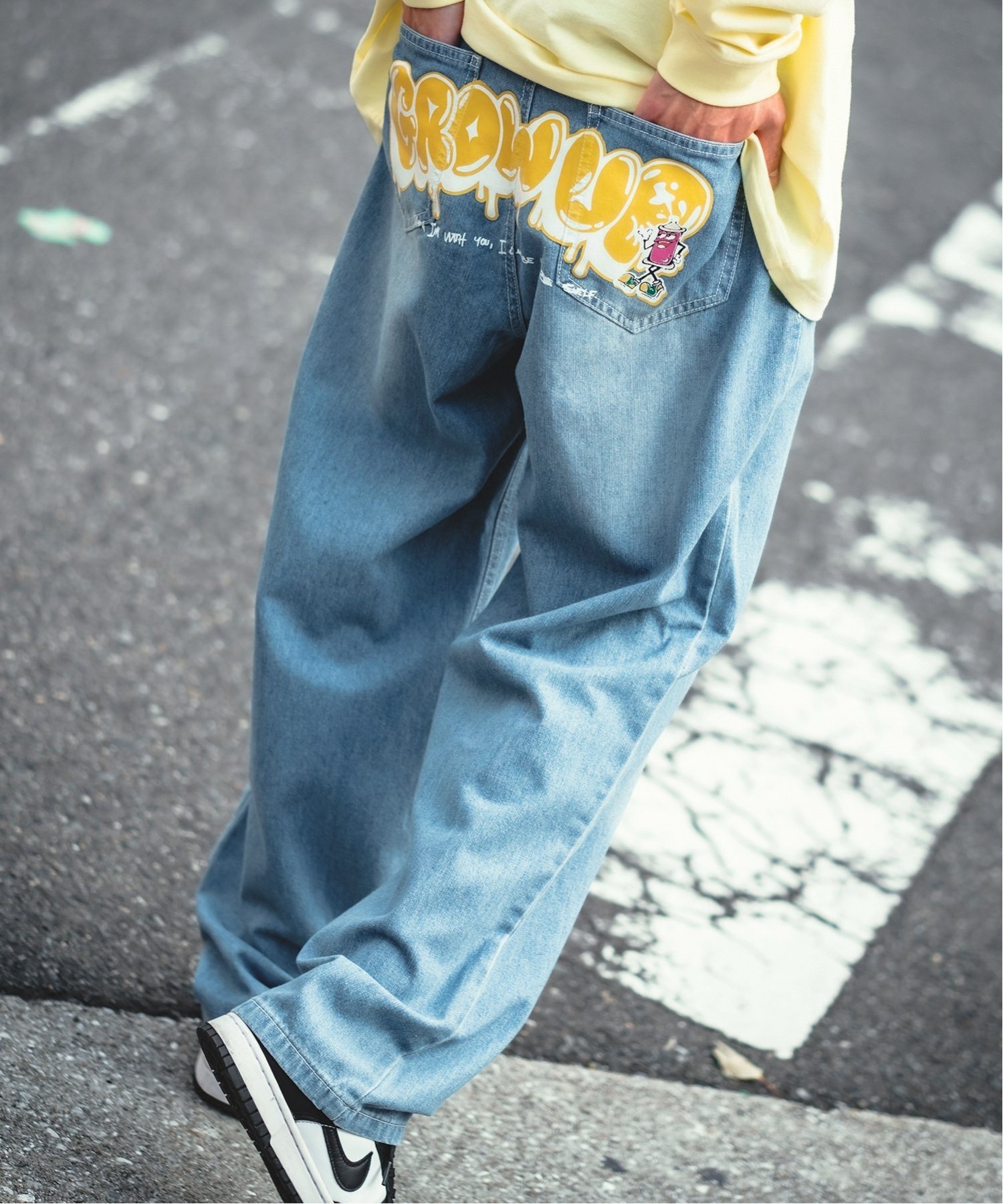 improves プリント バギー デニム&ツイルパンツ インプローブス パンツ ジーンズ・デニムパンツ ホワイト ブラック ブルー
