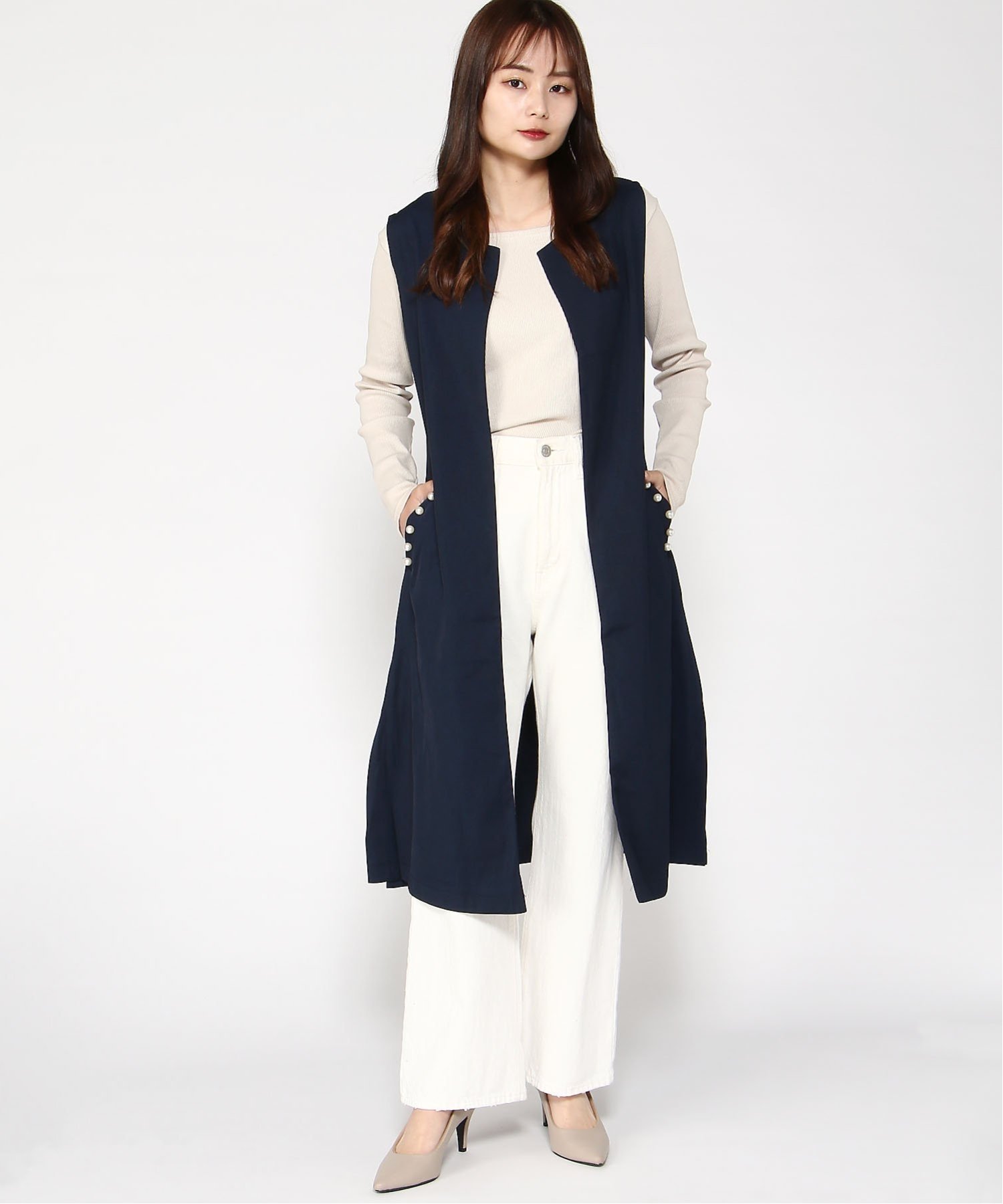 FReePLACe/(W)パール付き ロングジレ ミニョントレフル ルームヨンマルサンセレクティッド トップス ベスト・ジレ ブラック ネイビー