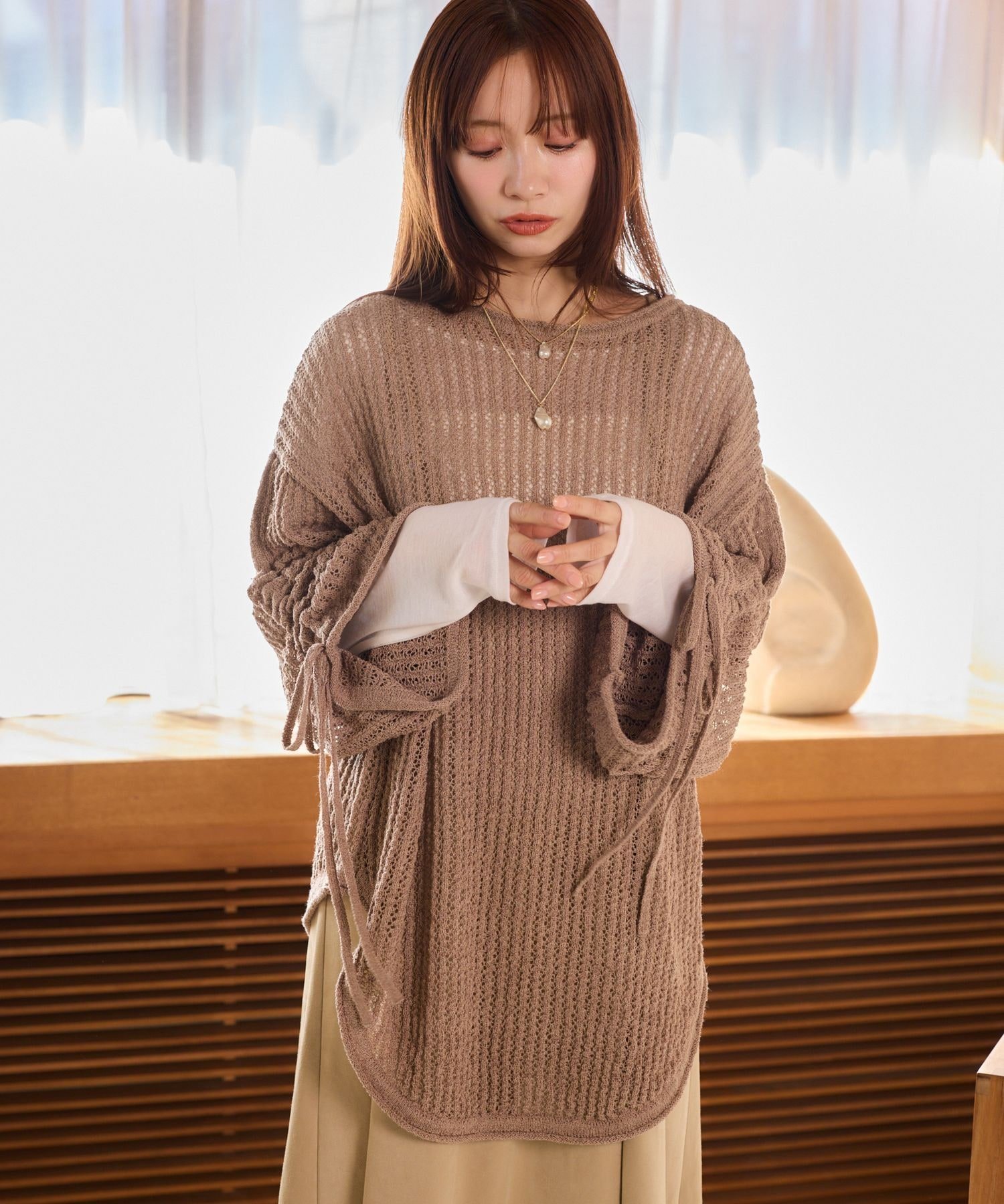 mysty woman 7Gメッシュニット長袖 ミスティウーマン トップス ニット ブラック ホワイト ベージュ グリーン