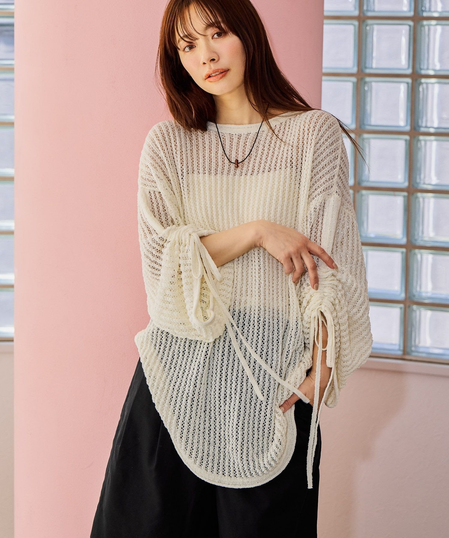 mysty woman 7Gメッシュニット長袖 ミスティウーマン トップス ニット ブラック ホワイト ベージュ グリーン