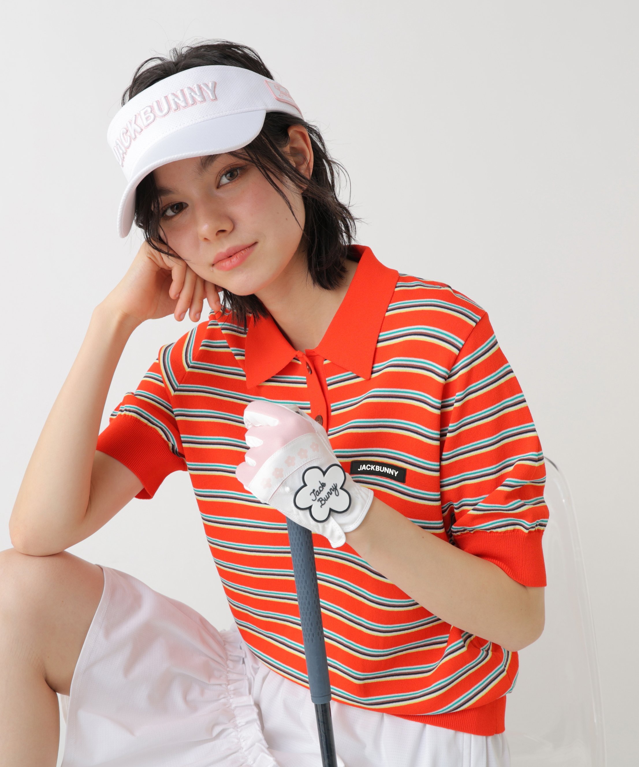 Jack Bunny!! マルチボーダー半袖ニットポロシャツ ジャックバニー トップス ニット グリーン レッド ブラック