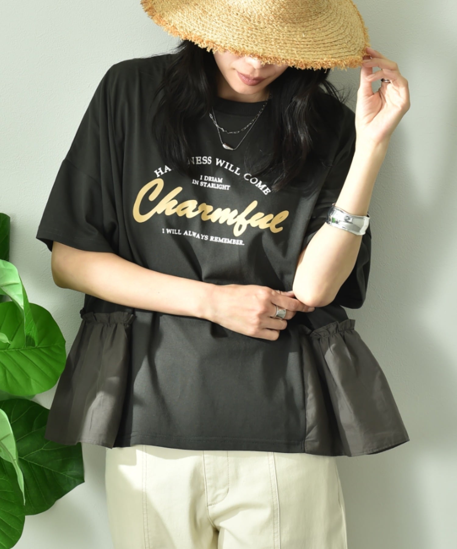 INTERPLANET 異素材切替ロゴデザインTシャツ インタープラネット トップス カットソー・Tシャツ ホワイト ブラック