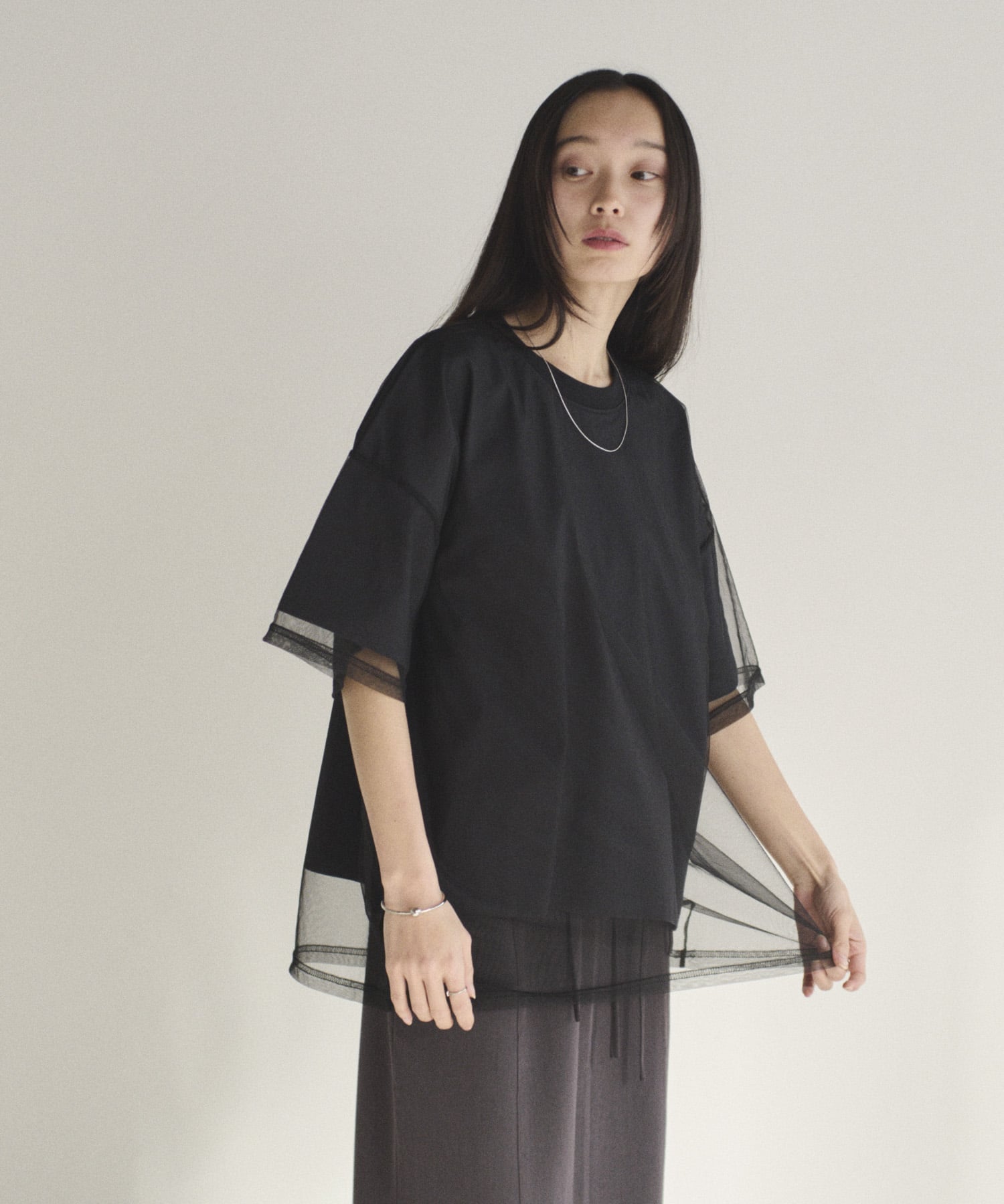 SOYEN チュールドッキングレイヤードシアーTシャツ チームストア トップス カットソー・Tシャツ ホワイト グレー
