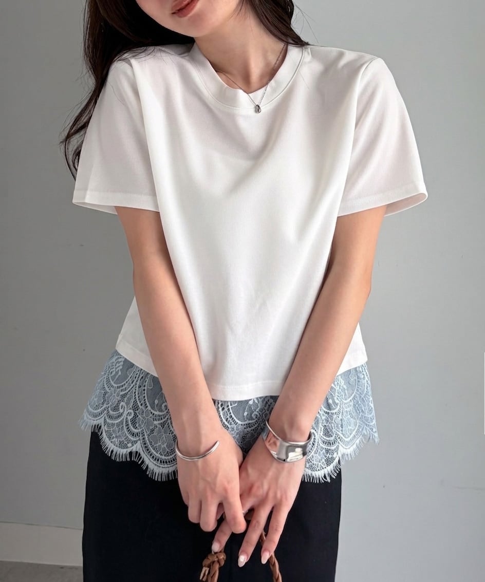 Ranan Ranan(W)レースレイヤードコンパクトTシャツ ラナン トップス カットソー・Tシャツ ホワイト ブラック