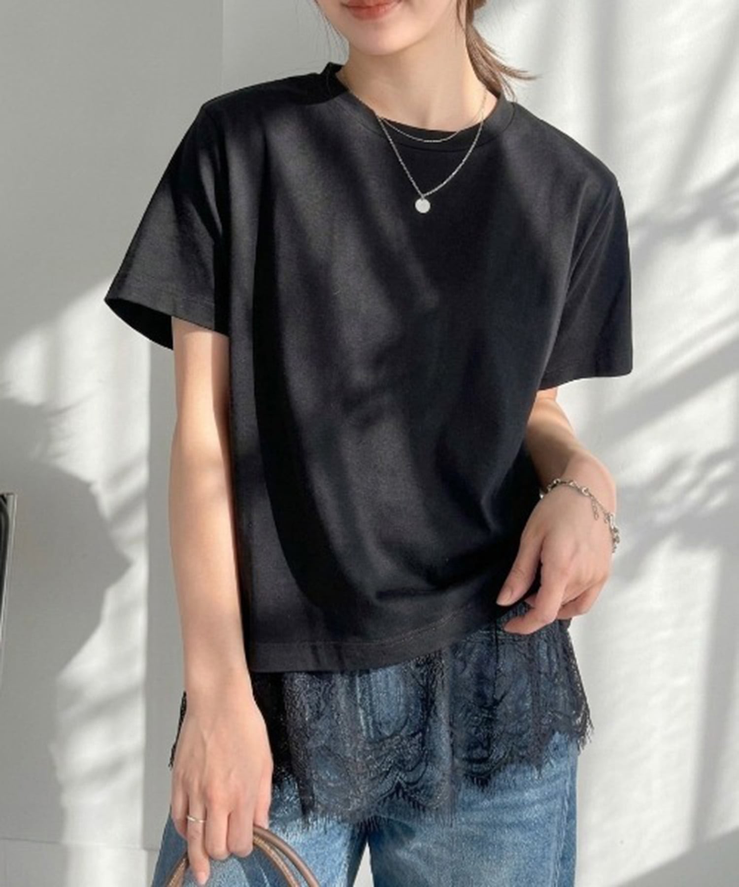 Ranan Ranan(W)レースレイヤードコンパクトTシャツ ラナン トップス カットソー・Tシャツ ホワイト ブラック