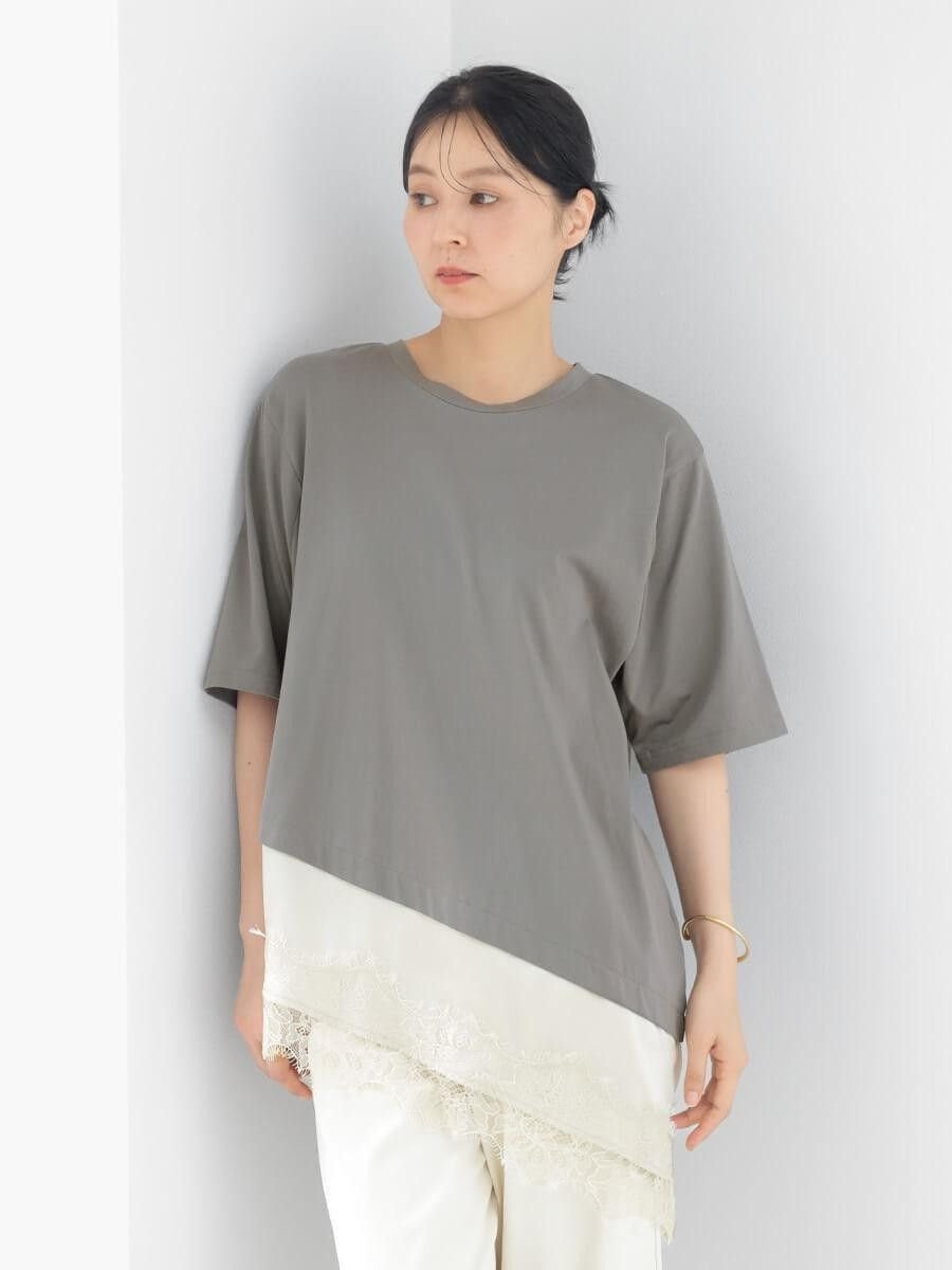 レースアシメデザインTシャツ ラシュッド トップス カットソー・Tシャツ ホワイト ブラック グレー