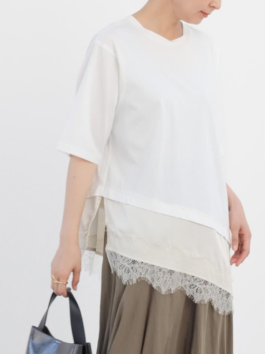 レースアシメデザインTシャツ ラシュッド トップス カットソー・Tシャツ ホワイト ブラック グレー