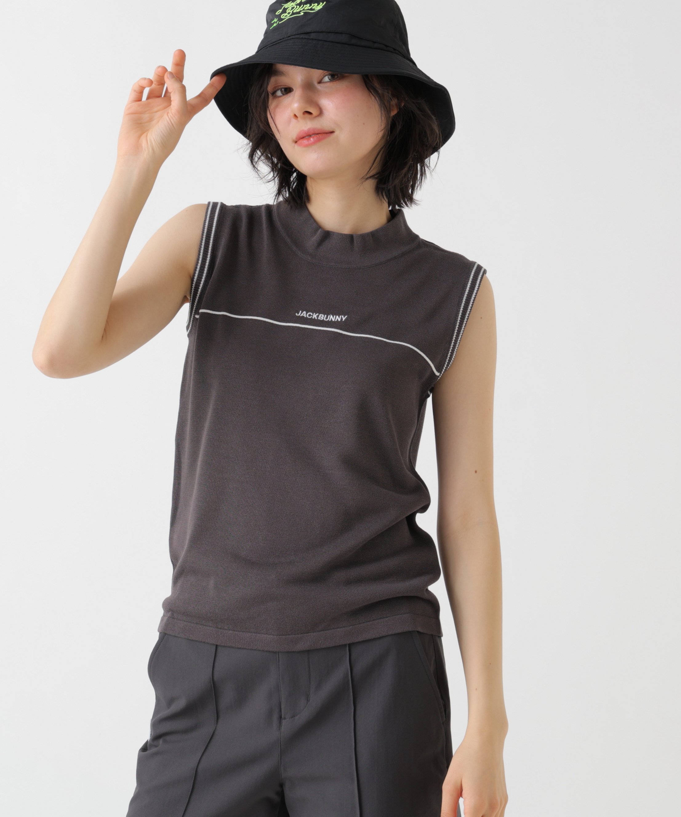 【SALE／30%OFF】Jack Bunny!! ノースリーブモックネックニット ジャックバニー トップス ニット ピンク グレー ブラック【送料無料】