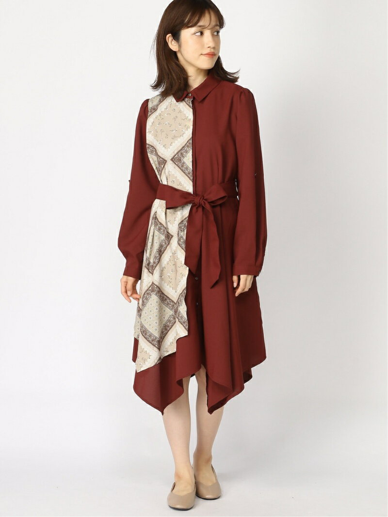 【SALE／79%OFF】axes femme (W)スカーフ柄切替シャツワンピ アクシーズファム ワンピース・ドレス シャツワンピース レッド グレー ネイビーのサムネイル