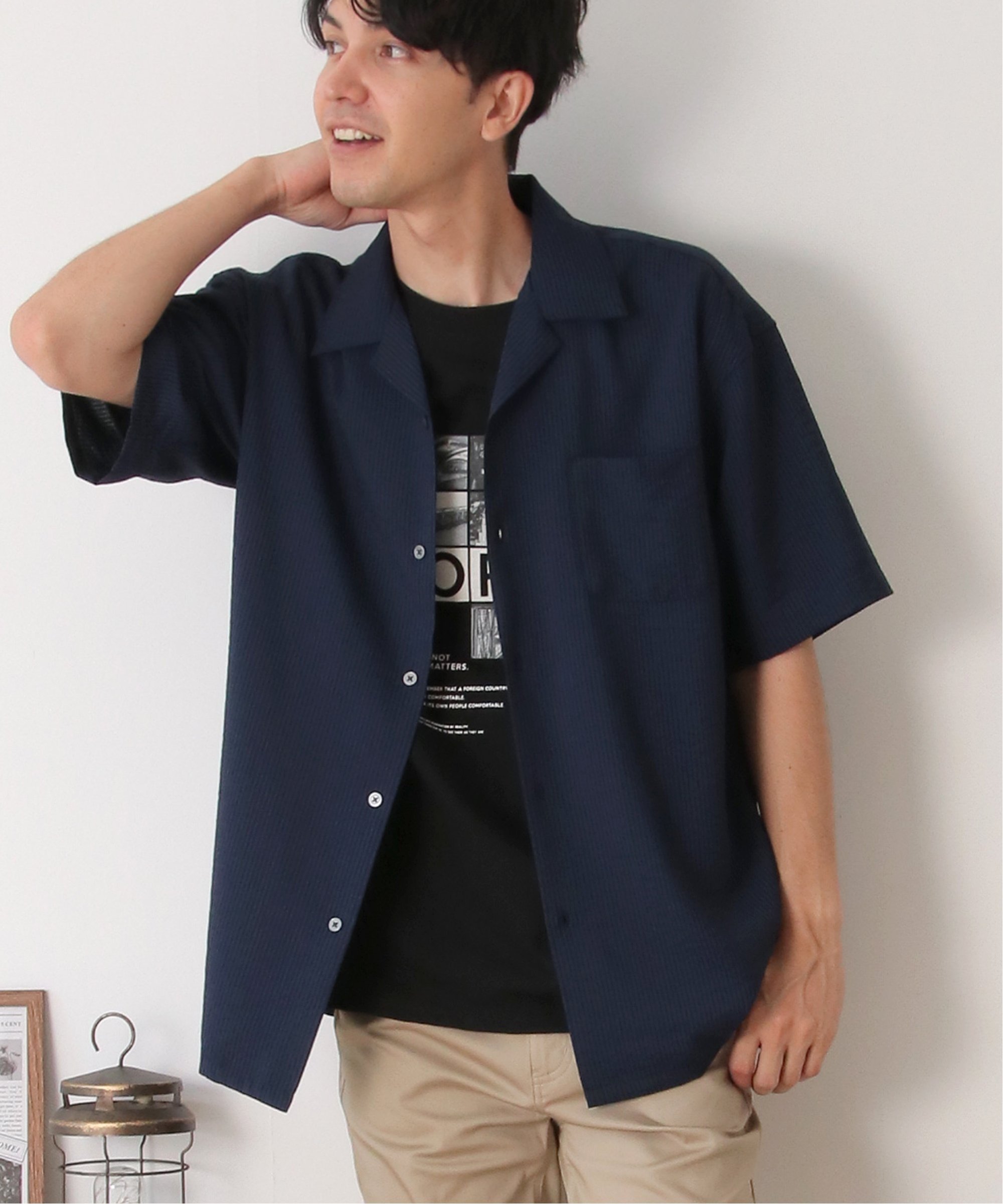 【SALE／15%OFF】ikka 【接触冷感/吸水速乾】シャドーストライプオープンカラーシャツ イッカ トップス シャツ・ブラウス ネイビー グレー グリーン