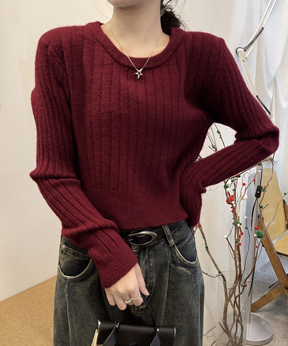 Crew Neck - 【SALE／52%OFF】miniministore リブニット トップス きれいめ 長袖 ミニミニストア トップス ニット レッド ブラック ベージュ