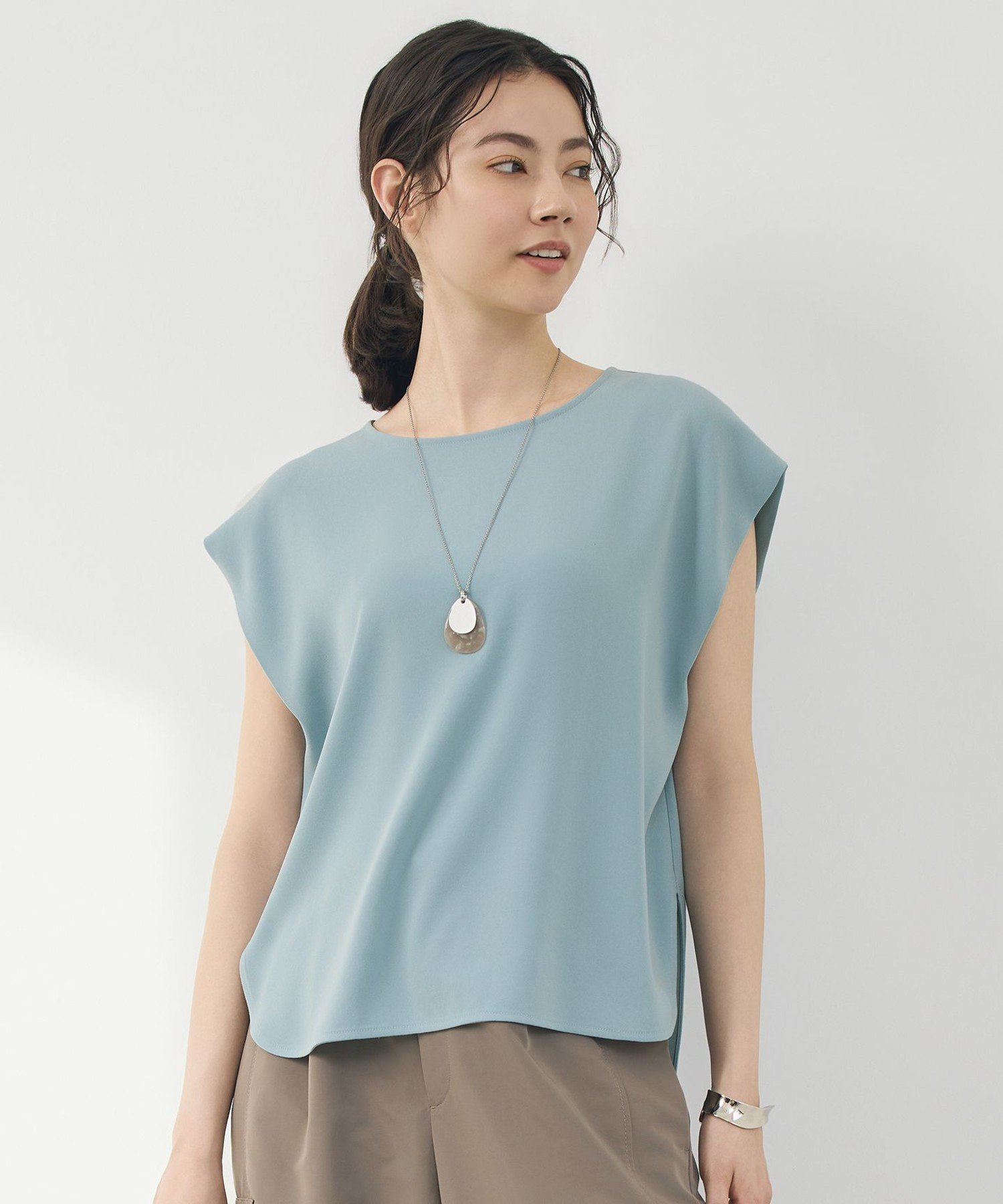 自由区 L 【17号サイズまで展開・WEB先行販売】ストレッチアムンゼンフレンチスリーブ カットソー ジユウク トップス カットソー・Tシャツ ベージュ ブルー ネイビー