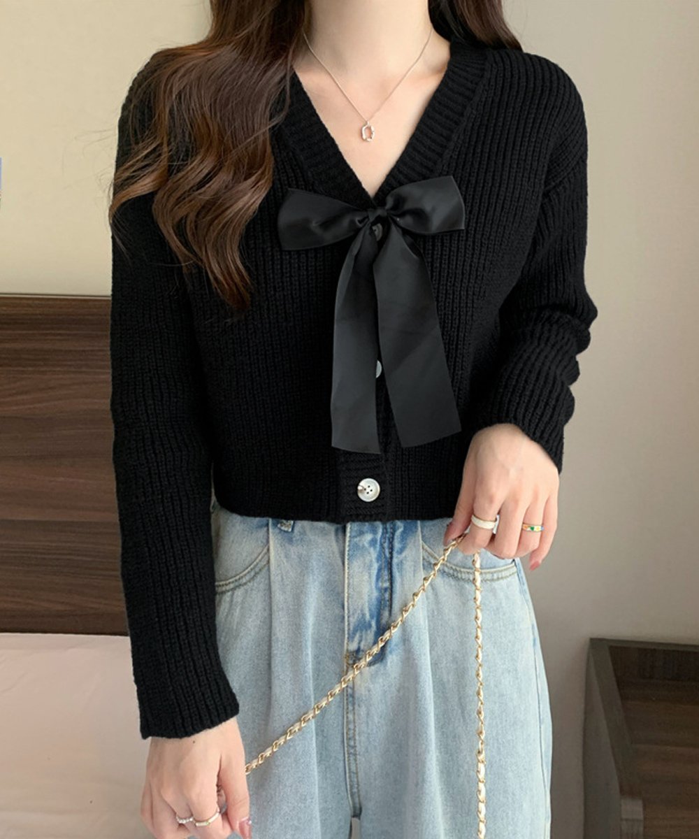【SALE／30%OFF】miniministore ニットカーディガン リボン付 秋冬羽織り ミニミニストア トップス カーディガン ピンク ベージュ グレー ブラック