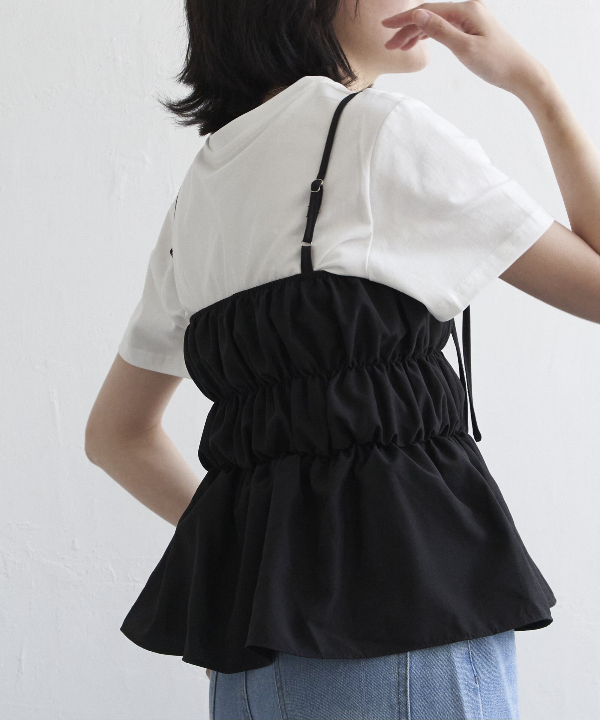 VENCE share style Ladys リボンギャザーキャミソール ヴァンス エクスチェンジ トップス ノースリーブ・タンクトップ ブラック ホワイト