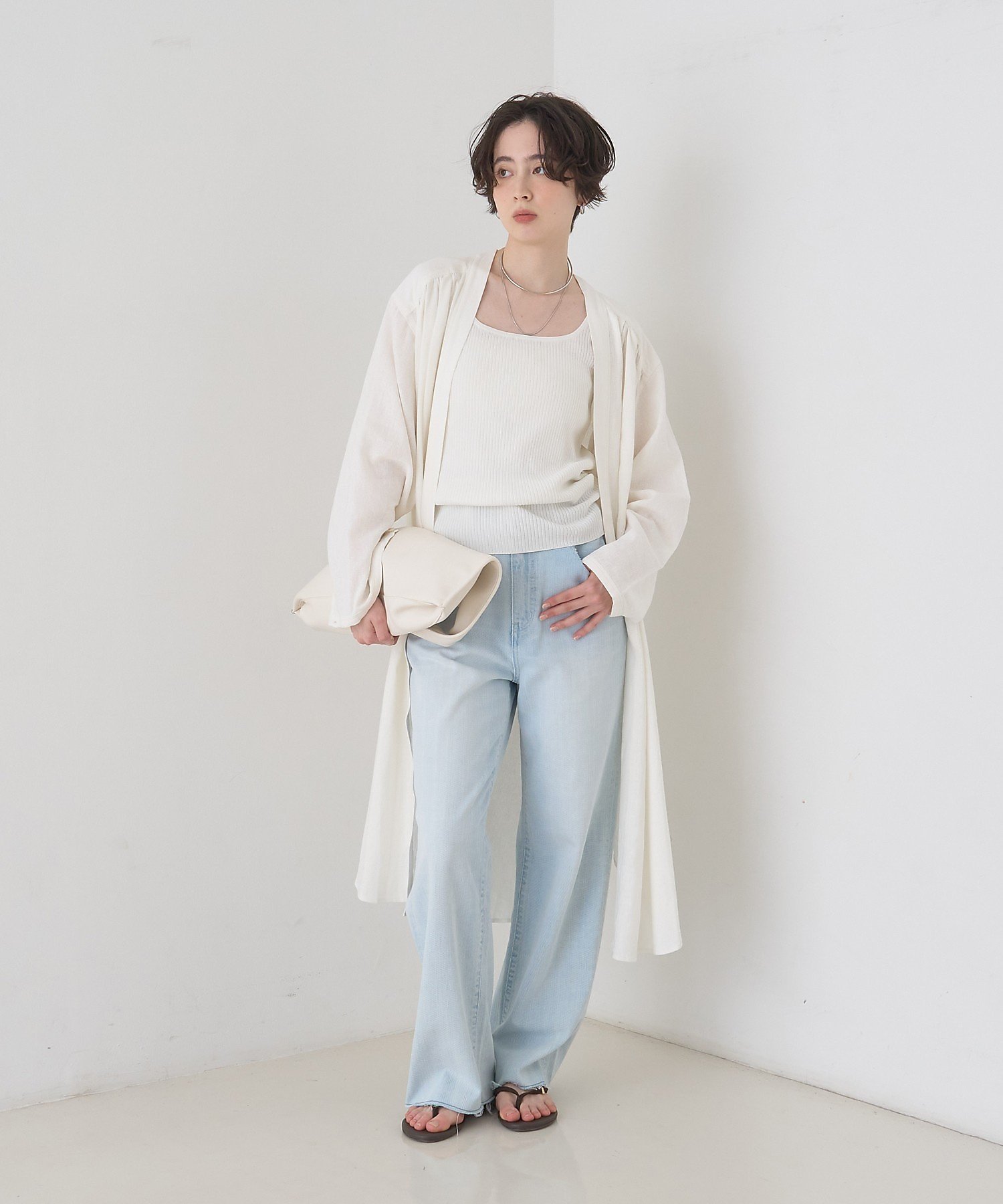 Rouge vif la cle 【セットアップ対応】リネンロングトッパー/シャツ/カーディガン/羽織 ルージュ・ヴィフ ラクレ トップス シャツ・ブラウス ホワイト グレー