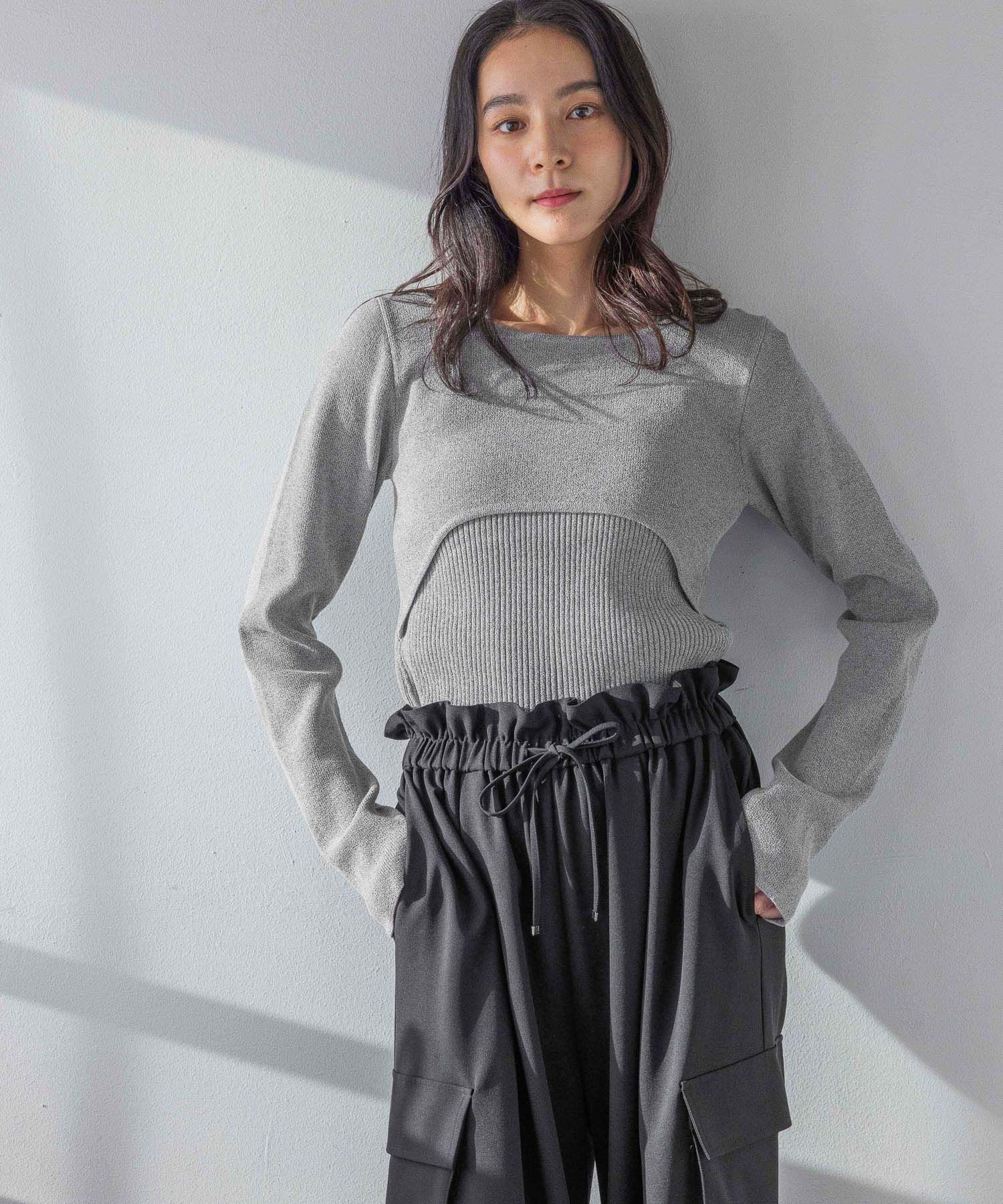 【SALE／50%OFF】LOWRYS FARM レイヤードフウニットプルオーバー ローリーズファーム トップス ニット グリーン ホワイト グレー