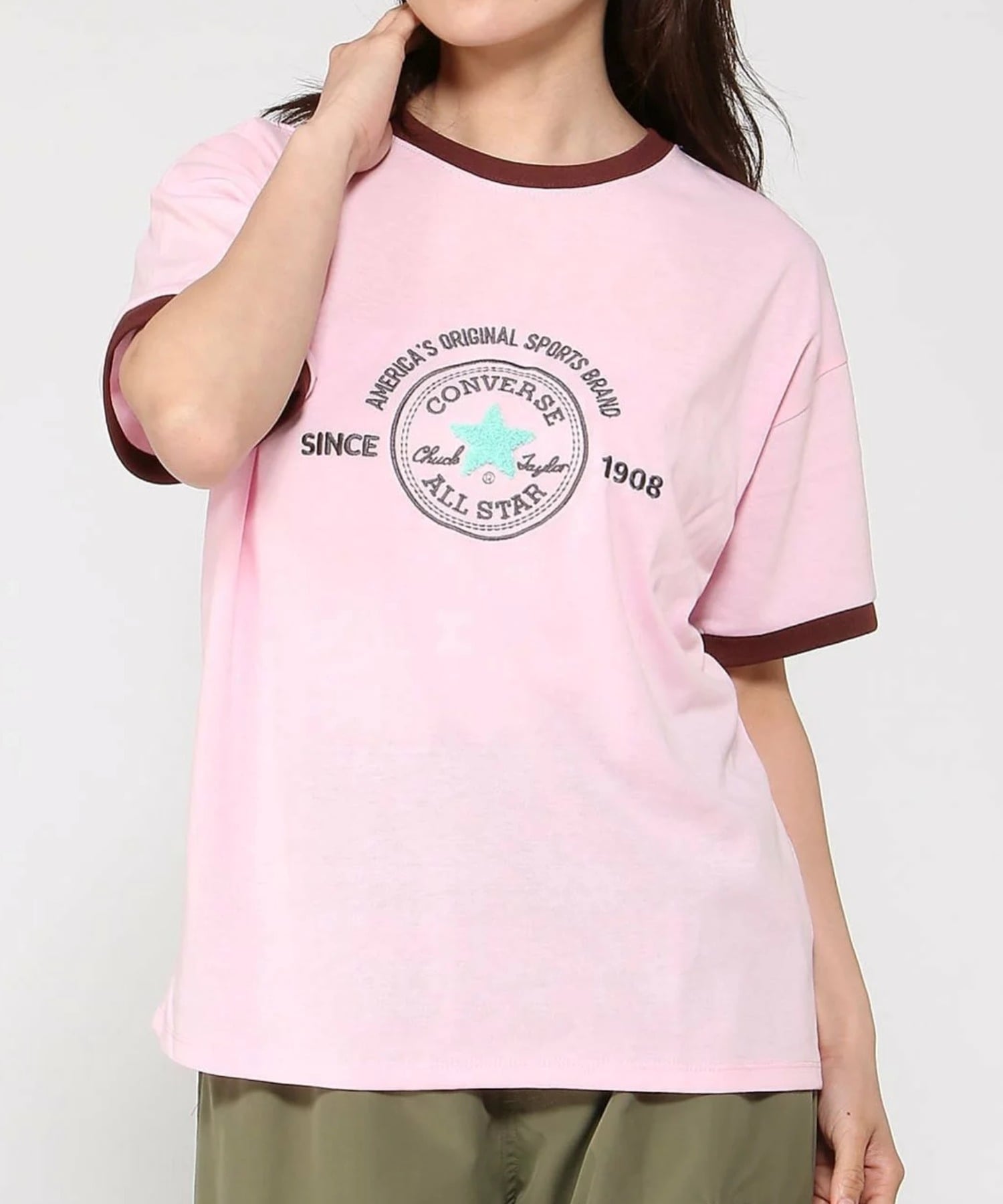 CONVERSE/(W)パッチ サガラ 刺繍 リンガー Tシャツ ジーンズメイト トップス カットソー・Tシャツ ホワイト ブラック グレー ピンク