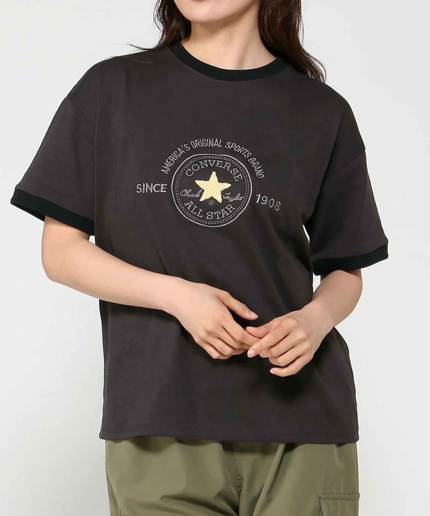 CONVERSE/(W)パッチ サガラ 刺繍 リンガー Tシャツ ジーンズメイト トップス カットソー・Tシャツ ホワイト ブラック グレー ピンク