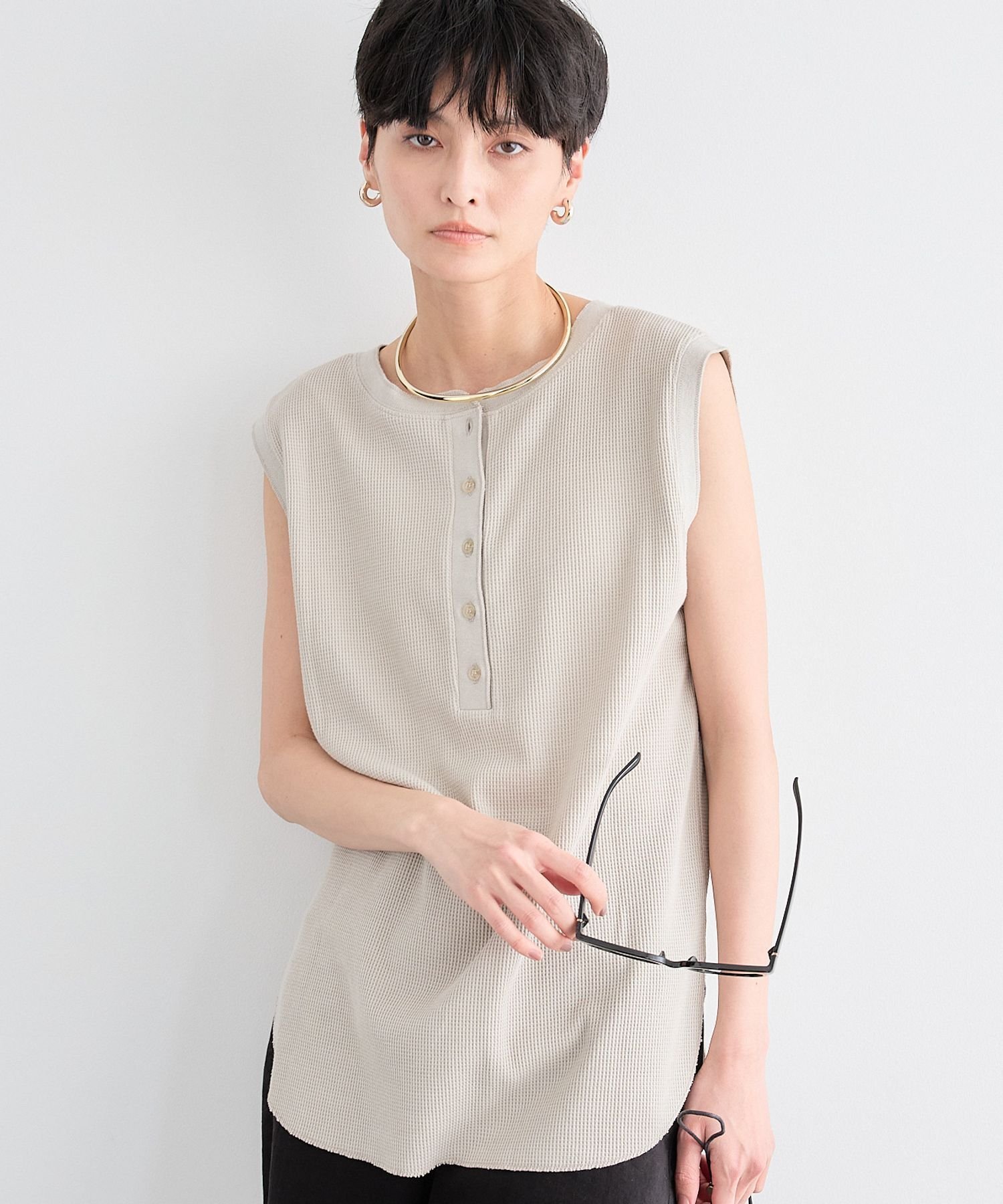 【SALE／40%OFF】BARNYARDSTORM ワッフルノースリーブTシャツ バンヤードストーム トップス カットソー・Tシャツ グレー ベージュ【送料無料】のサムネイル