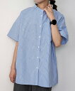 【SALE/29%OFF】JUNOAH 半袖バンドカラーストライプオーバーシャツ ジュノア トップス シャツ・ブラウス ブルー グレー ピンク レッド【送料無料】