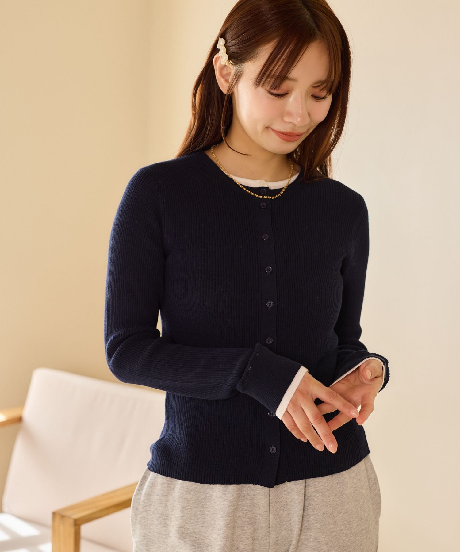 mysty woman レイヤード風リブカーディガンLS ミスティウーマン トップス ニット ネイビー ホワイト グレー