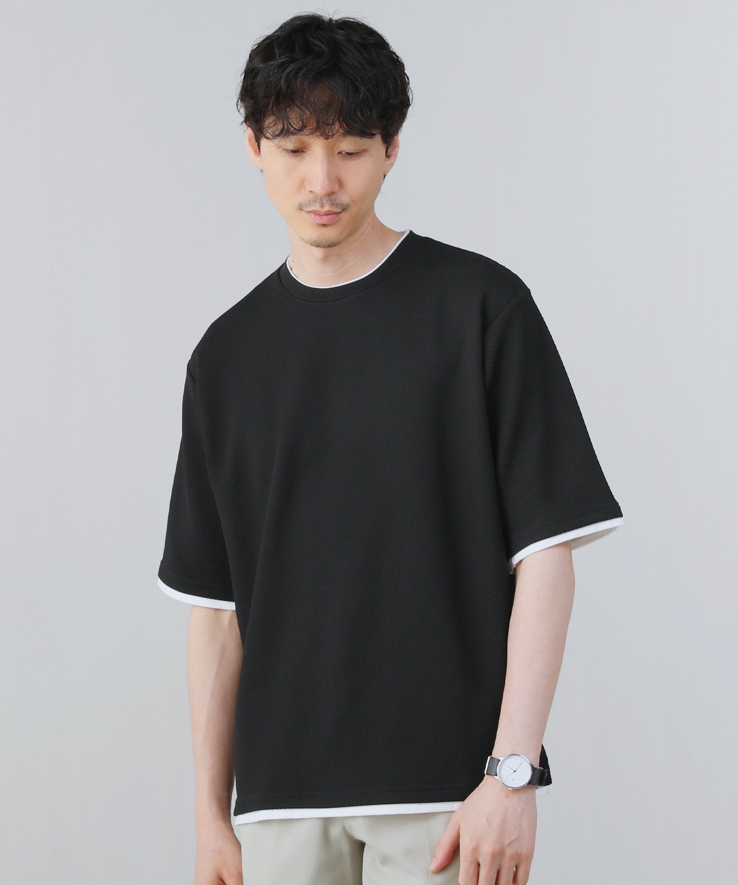 THE CASUAL フェイクレイヤードハニカムストレッチ半袖クルーネックTシャツ カジュアル トップス カットソー・Tシャツ ブラック ネイビー ホワイト