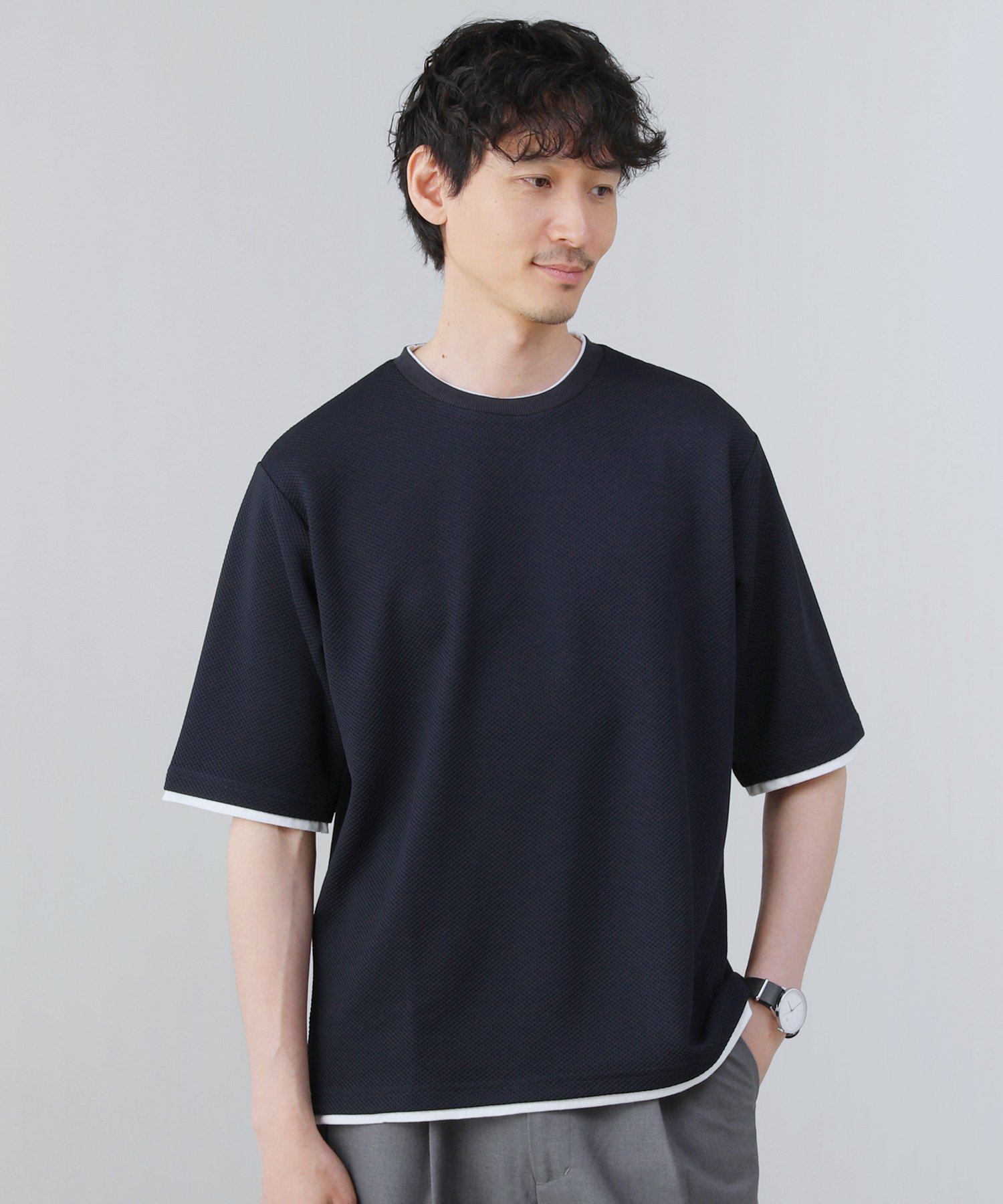 THE CASUAL フェイクレイヤードハニカムストレッチ半袖クルーネックTシャツ カジュアル トップス カットソー・Tシャツ ブラック ネイビー ホワイト