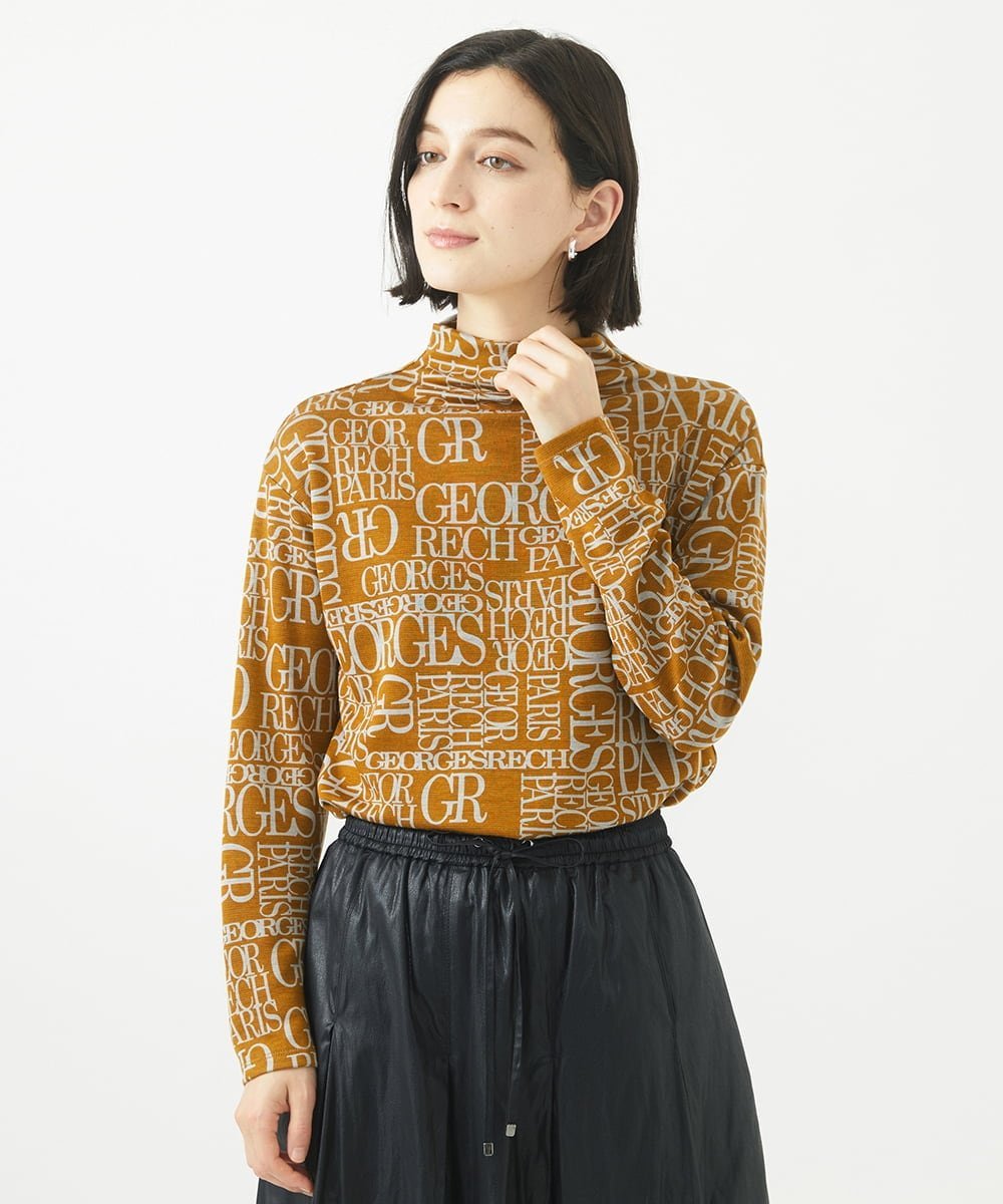 （小さいサイズ） [日本製]ダブルフェイスボトルネックロゴカットソー メゾンドゥサンク トップス カットソー・Tシャツ イエロー ブラック ベージュ