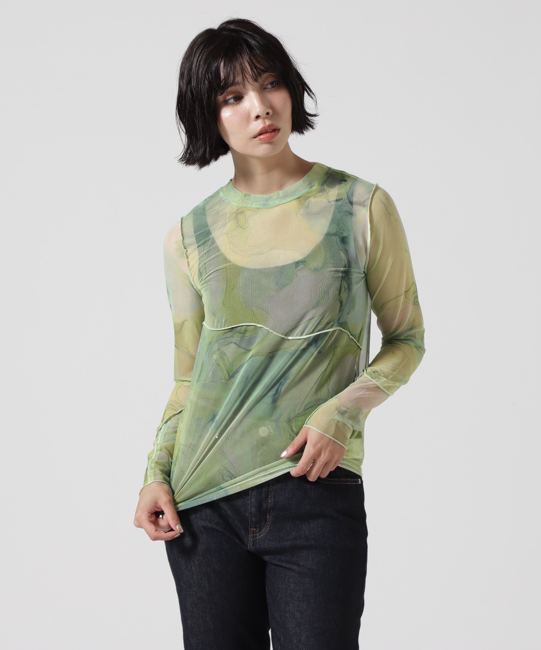 【SALE／30%OFF】B'2nd CASANE(カサネ)別注マーブルペイントロングスリーブカットソー ビーセカンド トップス カットソー・Tシャツ グリーン ベージュ【送料無料】