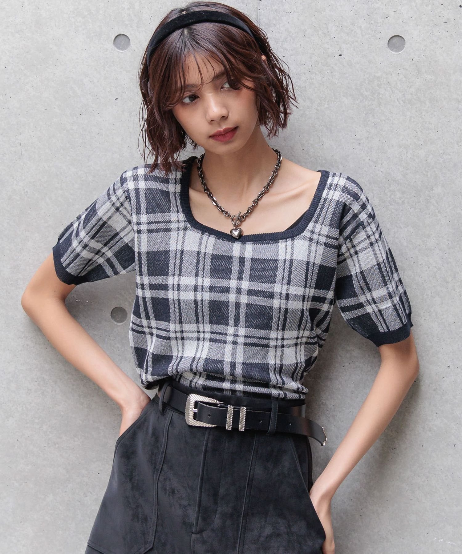PAGEBOY レトロチェックニットプルオーバー ページボーイ トップス ニット ブラック ネイビー