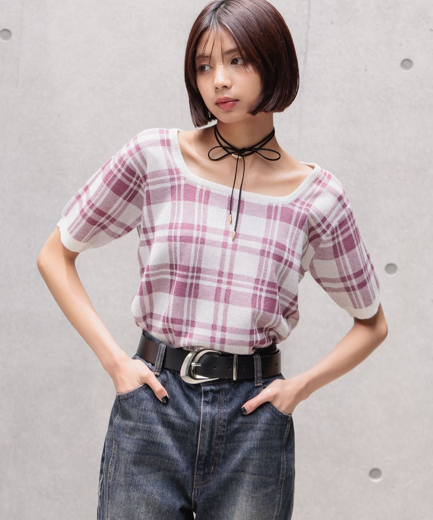 PAGEBOY レトロチェックニットプルオーバー ページボーイ トップス ニット ブラック ネイビー