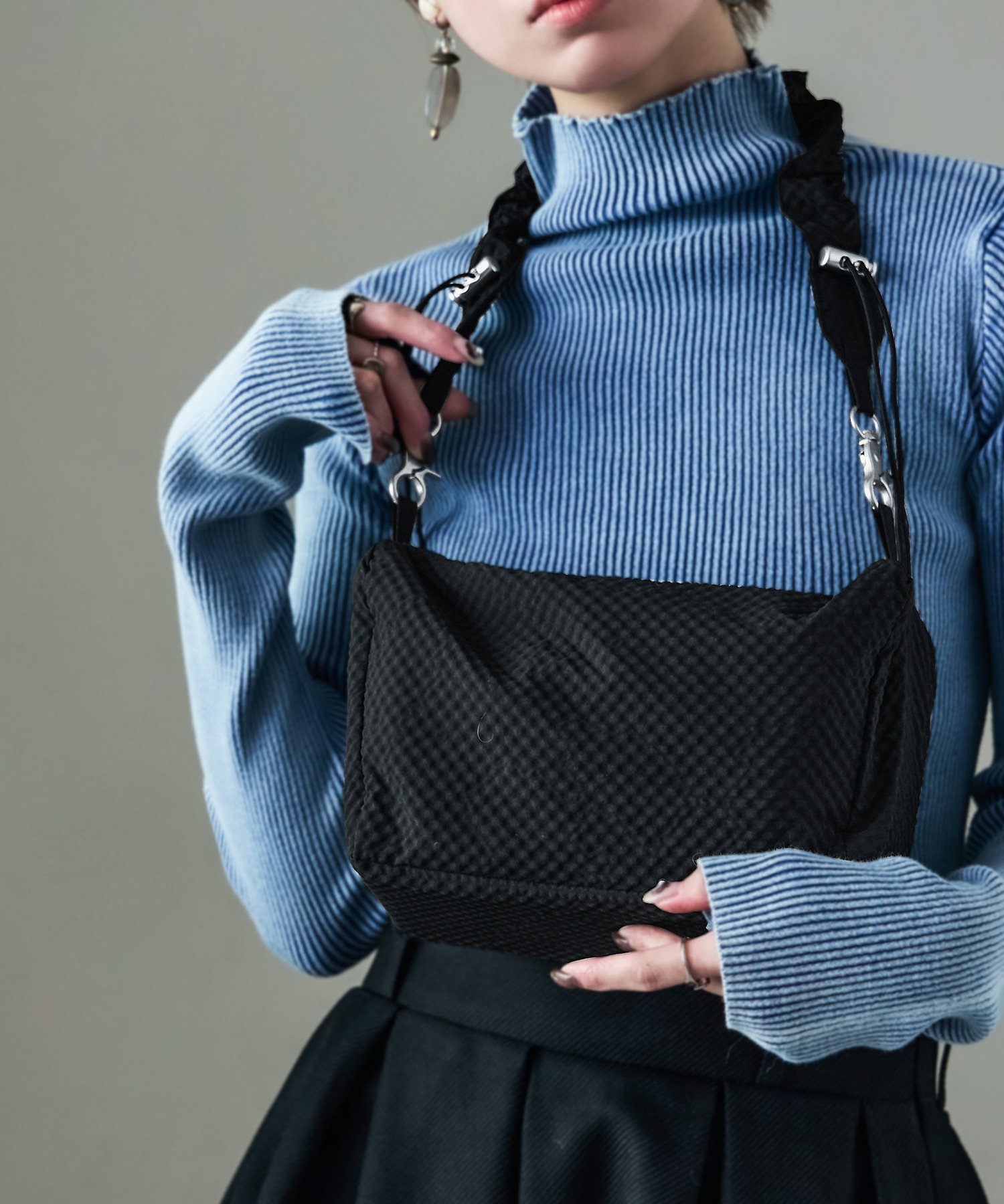 FashionLetter チェックシアサッカー 中綿シャーリングベルト ミニバッグ ビーフラット バッグ ショルダーバッグ ブラック ブラウン ホワイト