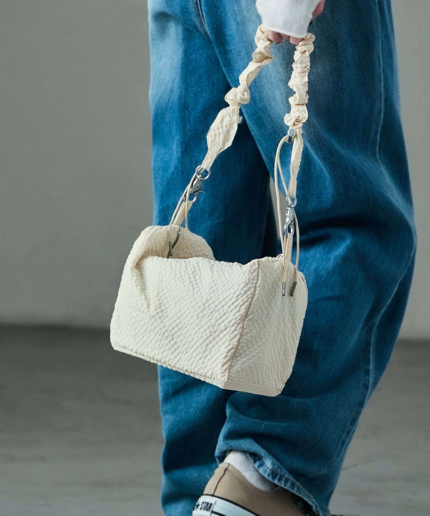 FashionLetter チェックシアサッカー 中綿シャーリングベルト ミニバッグ ビーフラット バッグ ショルダーバッグ ブラック ブラウン ホワイト