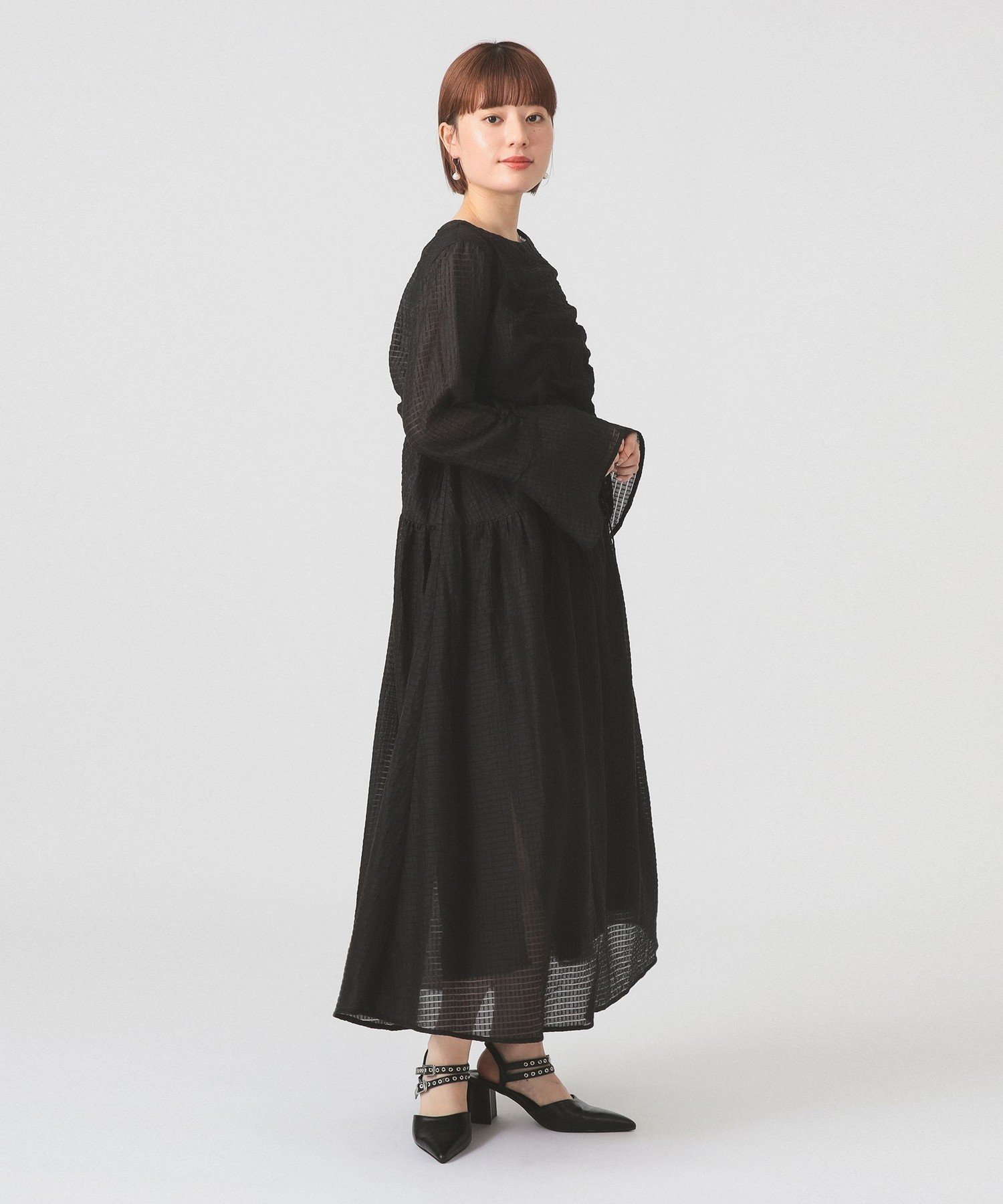 Ray BEAMS 【洗濯可】シアー ドロスト ギャザー ワンピース ロング丈 パーティー 体型カバー きれいめ ビームス ウイメン ワンピース・ドレス ワンピース ブルー ブラック【送料無料】