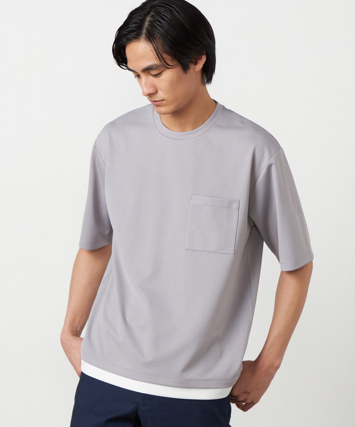 COMME CA ISM 【吸水速乾】フェイクレイヤードTシャツ コムサイズム トップス カットソー・Tシャツ グレー ホワイト グリーン