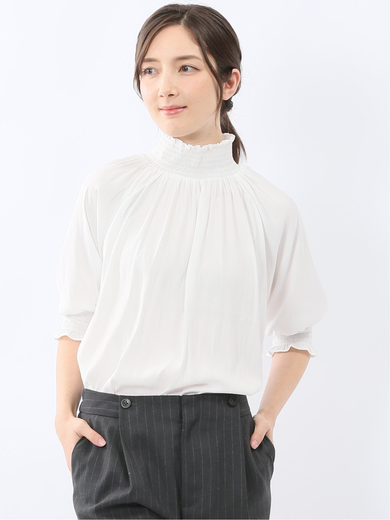 m.f.editorial ビンテージサテン シャーリング ハイネック プルオーバー ブラウス ...