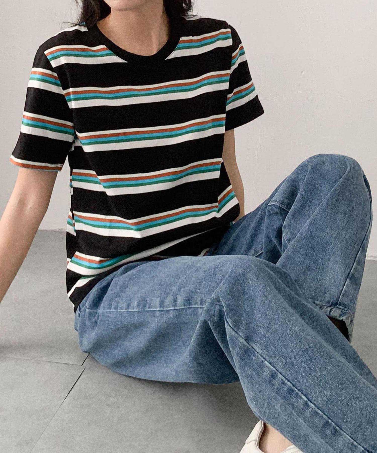 LOWO マルチボーダークルーネック半袖Tシャツ リバーフィールド アンド コー トップス カットソー・Tシャツ グレー グリーン ブラウン ブラック