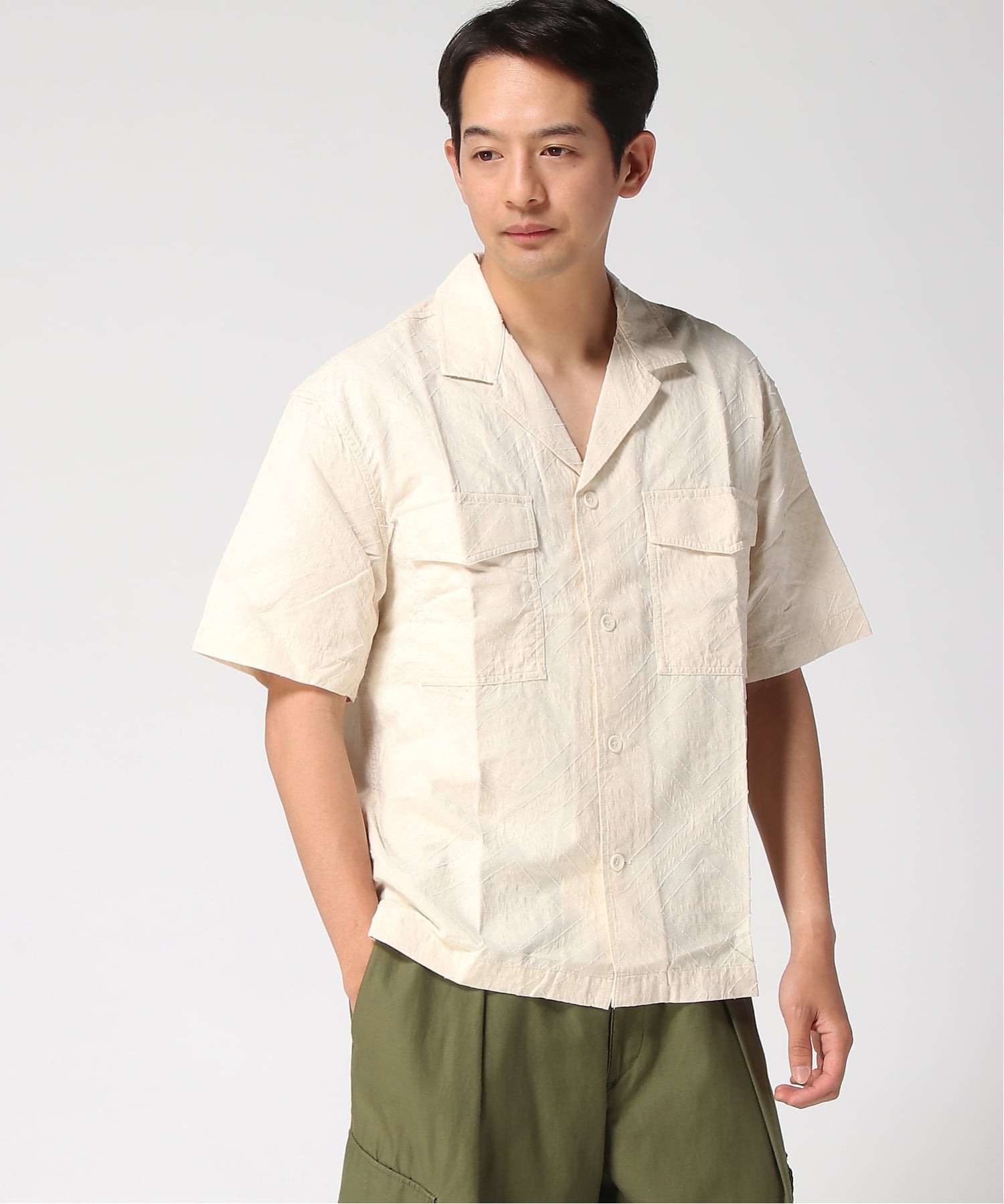 BANANA REPUBLIC (M)リラックスフィット ジャカード リゾートシャツ バナナ・リパブリック トップス シャツ・ブラウス ベージュ カーキグリーン【送料無料】
