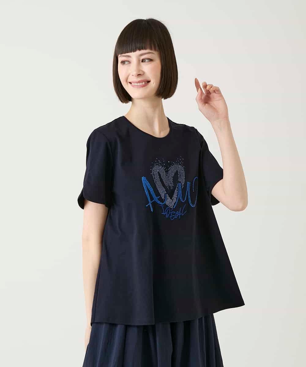 HIROKO BIS（小さいサイズ） 【小さいサイズ】スパンコールハートデザインカットソー メゾンドゥサンク トップス カットソー・Tシャツ ネイビー ホワイト