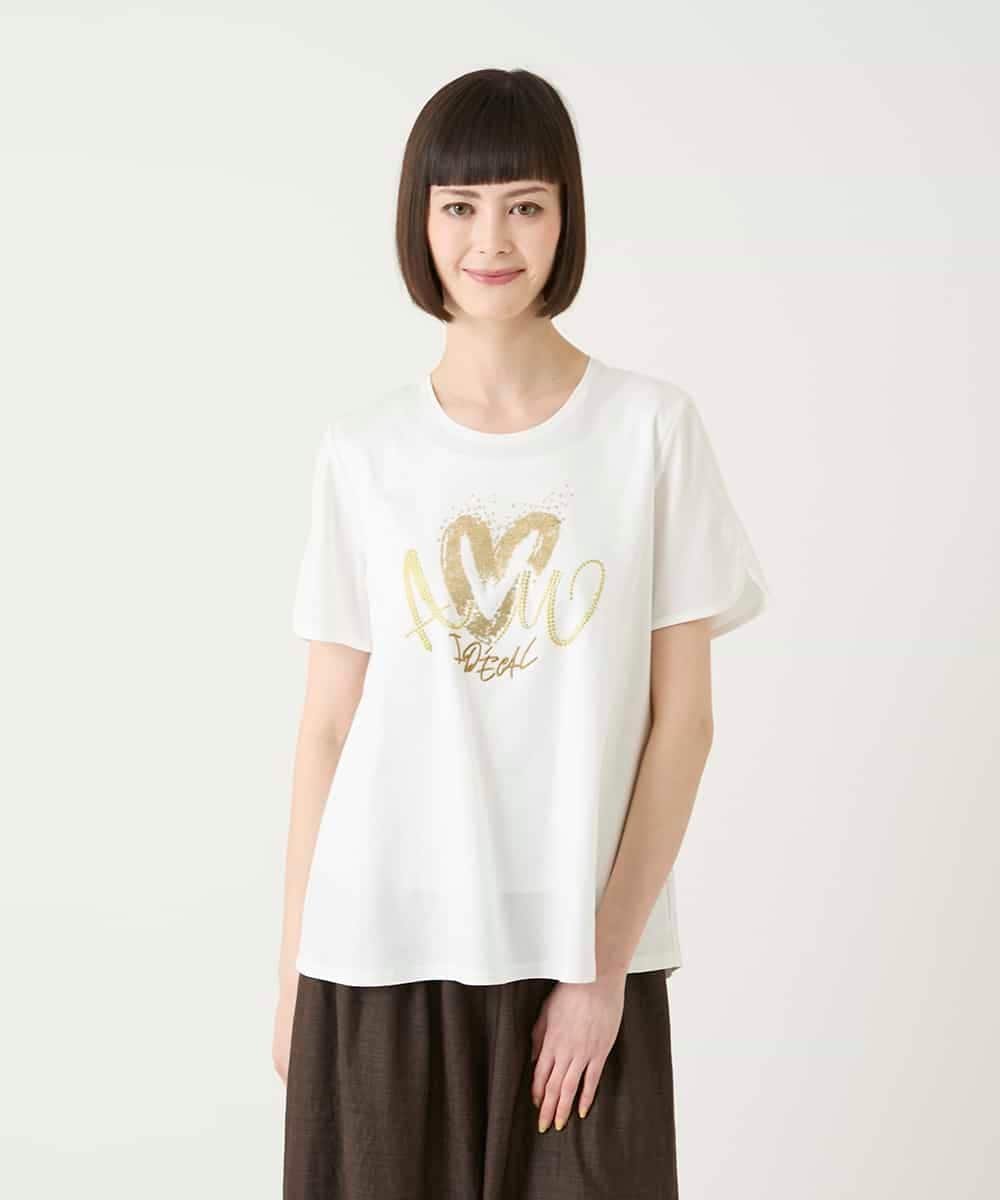 HIROKO BIS（小さいサイズ） 【小さいサイズ】スパンコールハートデザインカットソー メゾンドゥサンク トップス カットソー・Tシャツ ネイビー ホワイト