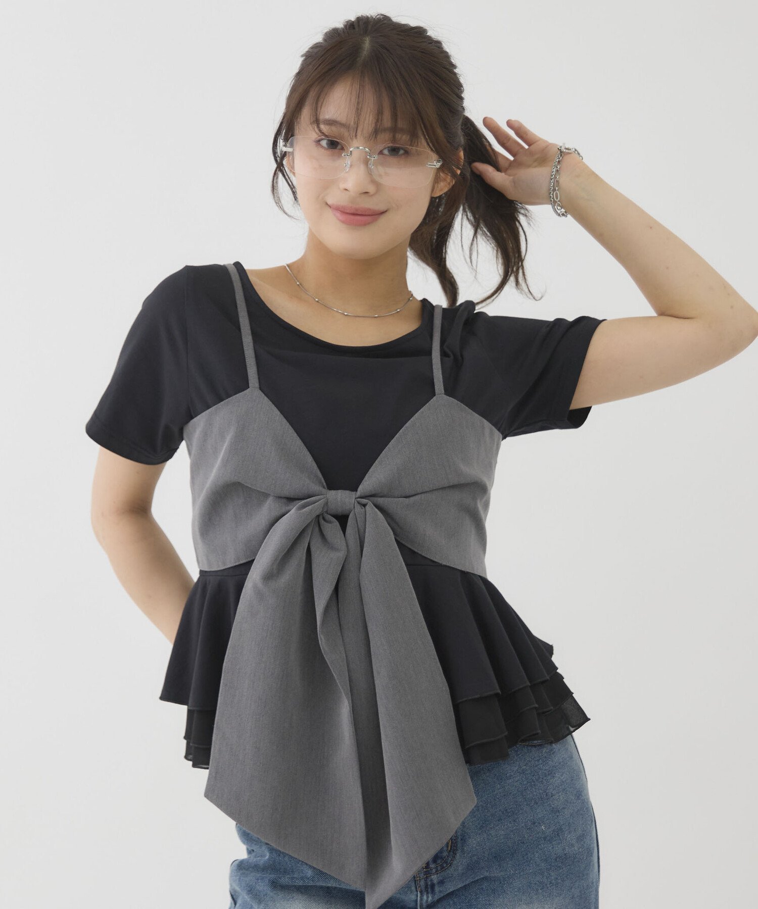 チェックアソートリボンビスチェ*ペプラムブラウスTEE SET アルシーヴ トップス アンサンブル ベージュ ブラック ブラウン