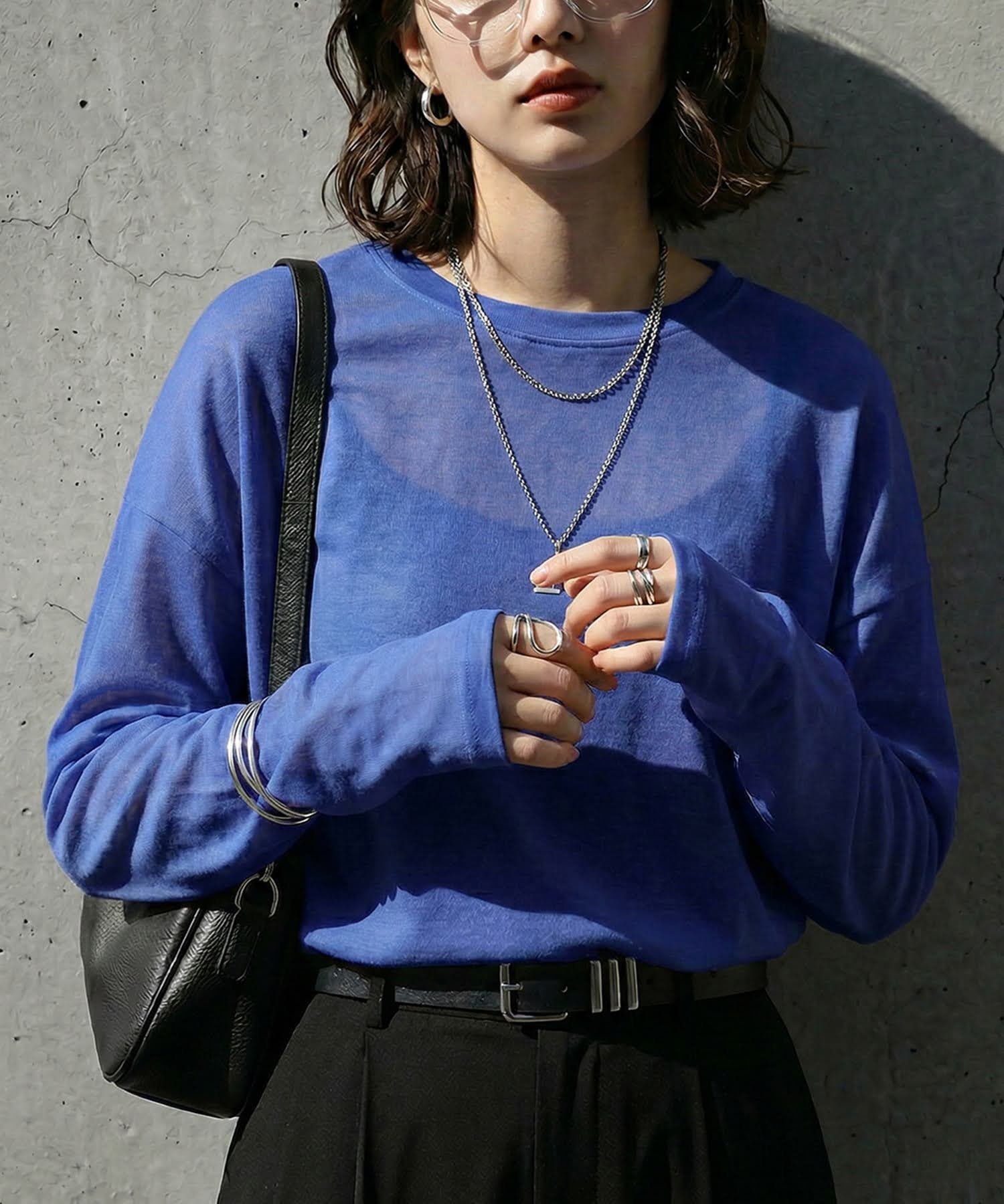 antiqua [antiqua] 綿100 Uネック シアーロンT PN-00609 アンティカ トップス カットソー・Tシャツ ブラック グレー ホワイト グリーン ブルー ピンク