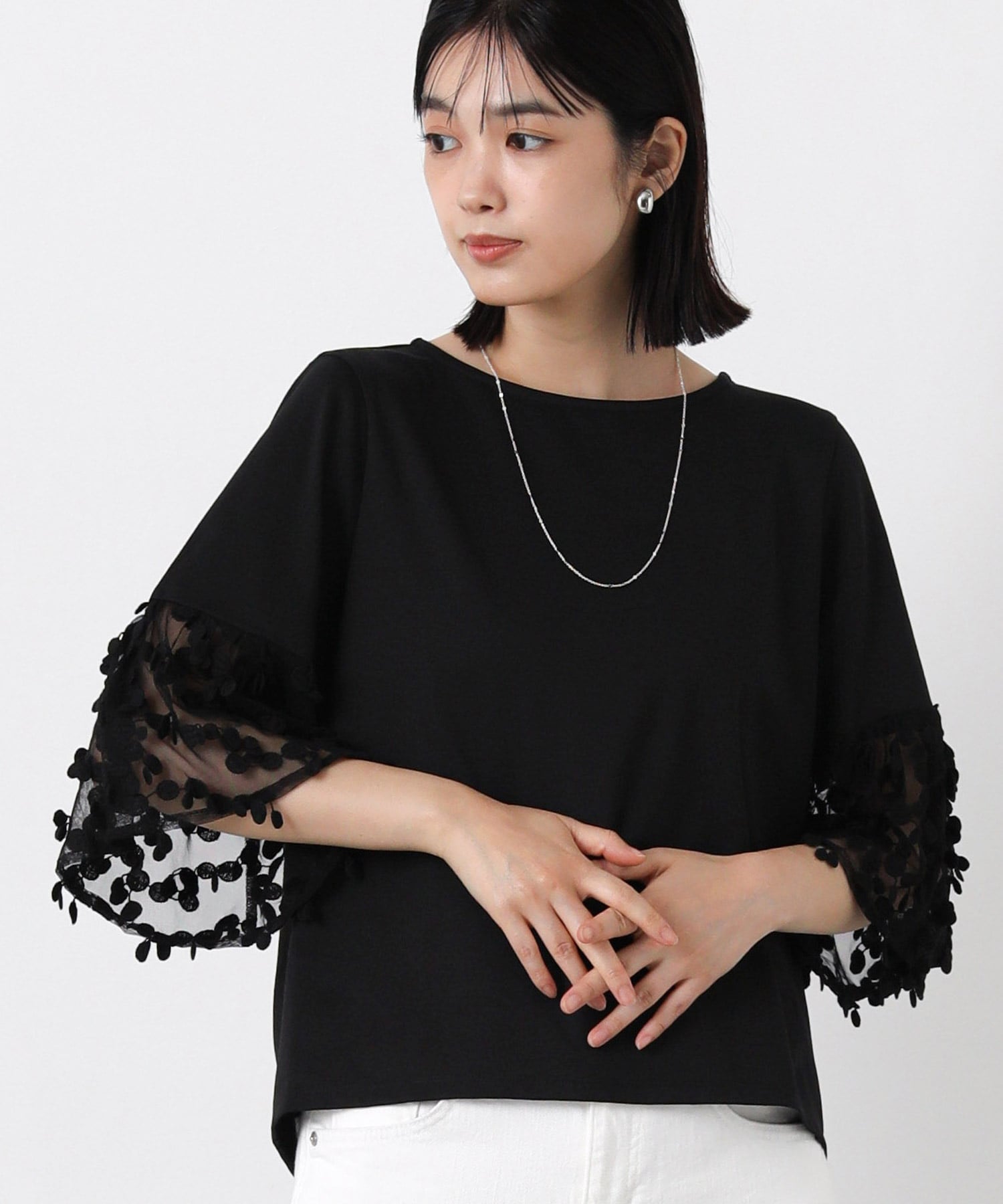 Gready Brilliant/(W)2_異素材ドットチュール7分 グレディブリリアン トップス カットソー・Tシャツ ホワイト ブラック