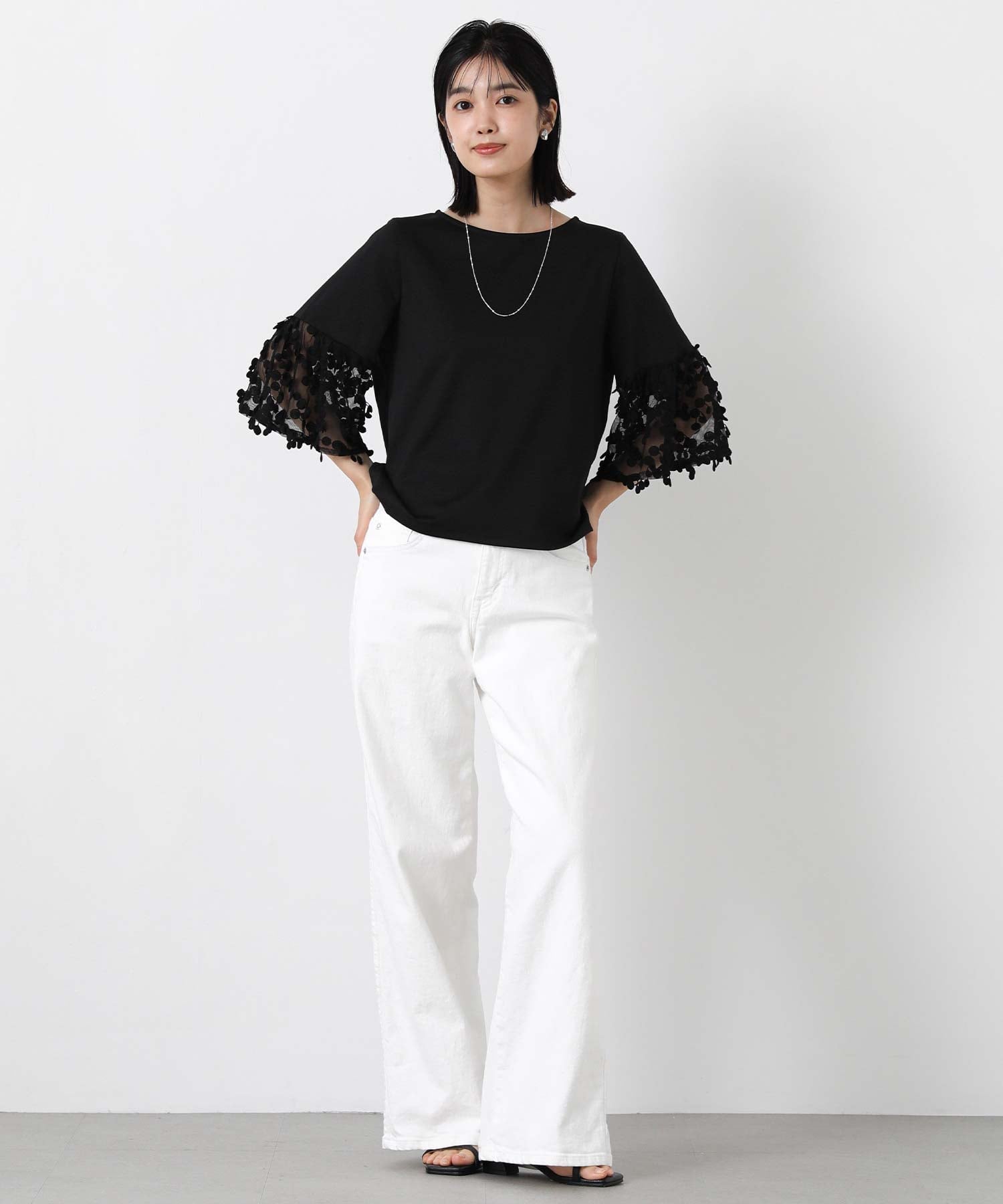 Gready Brilliant/(W)2_異素材ドットチュール7分 グレディブリリアン トップス カットソー・Tシャツ ホワイト ブラック