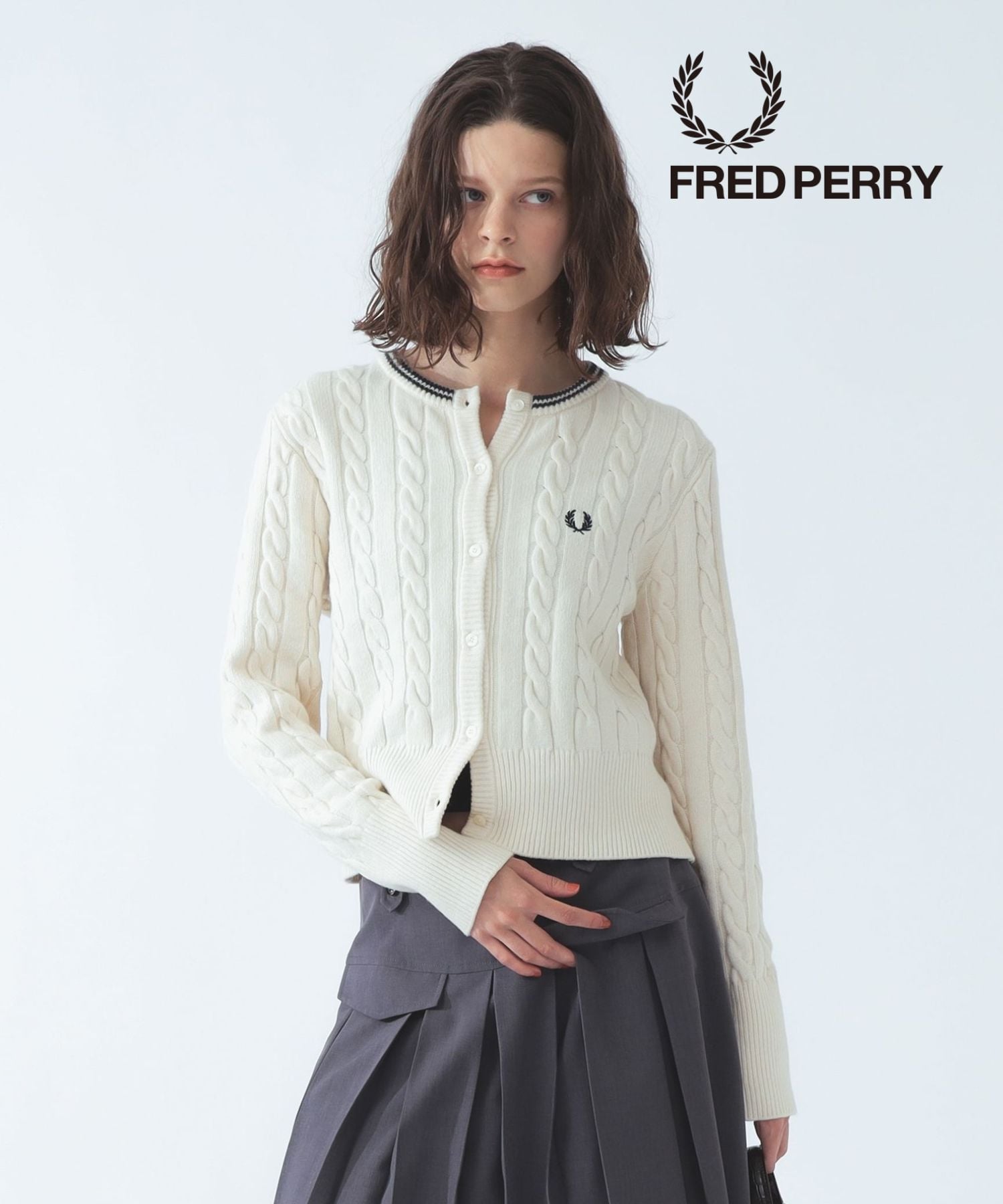Ray BEAMS 【別注】FRED PERRY / ケーブル ニット カーディガン ビームス ウイメン トップス カーディガン ブラック ネイビー【送料無料】