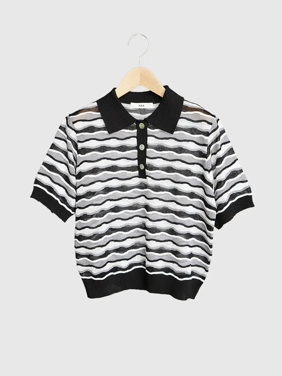 . Wave border knit polo ラシュッド トップス ニット ブラック ブラウン