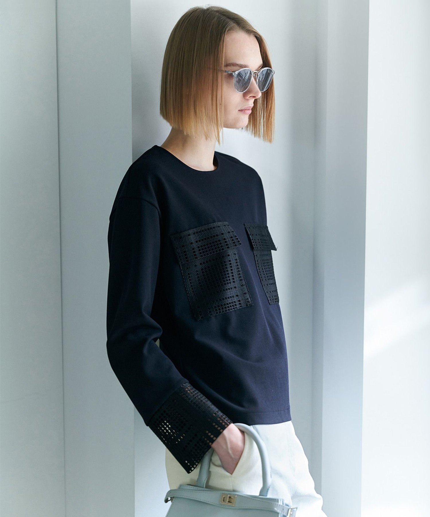 ICB L レースコンビジャージー トップス アイシービー トップス カットソー・Tシャツ ブラック ホワイト ネイビー