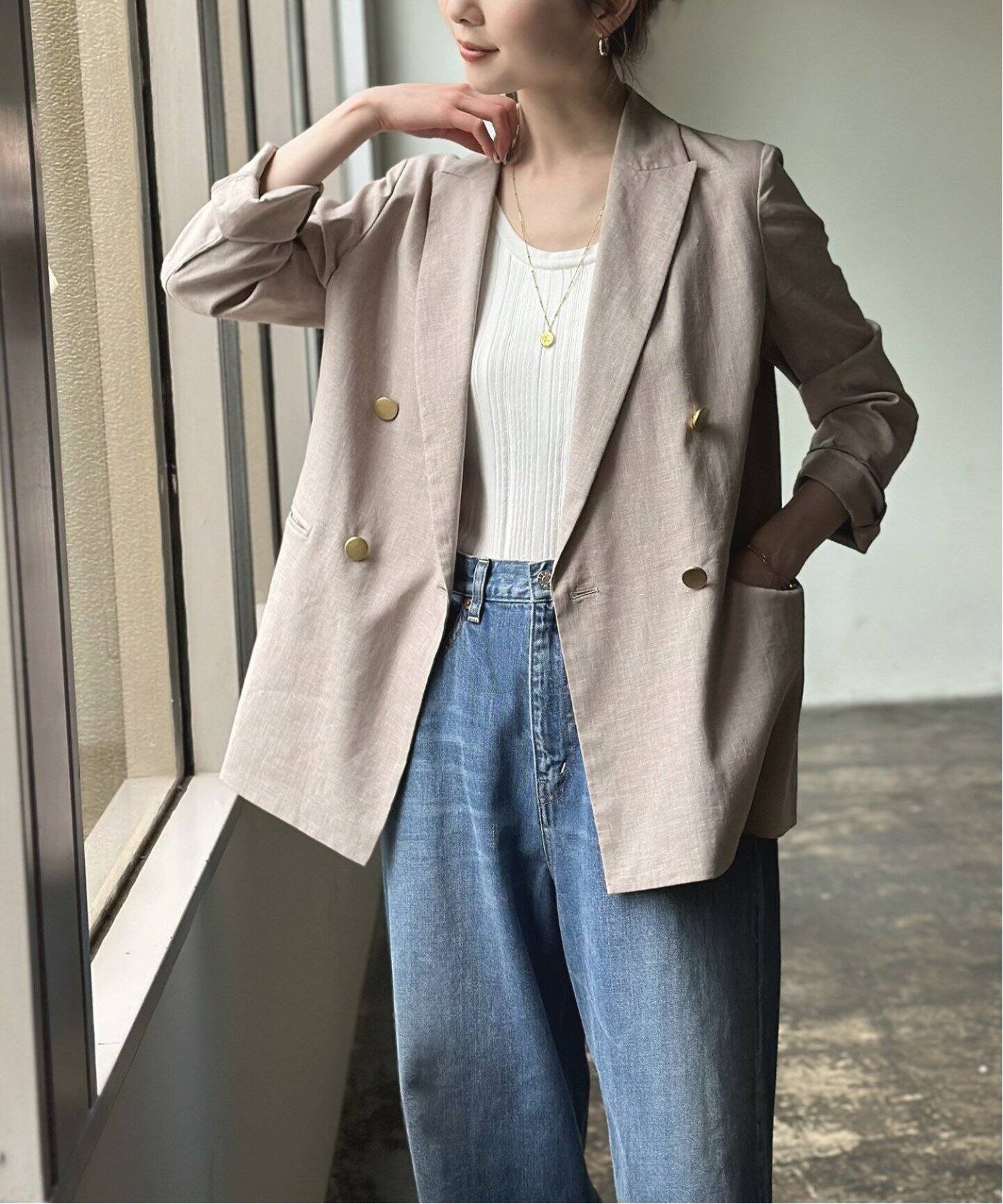 NOBLE 《追加》麻ストレッチピークドラペルダブルジャケット ノーブル ジャケット・アウター テーラードジャケット・ブレザー ブラック ベージュ ブラウン【送料無料】のサムネイル