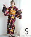 Nico@ntique ニコアンティーク 浴衣3点セット 赤と黒の立沸とレトロ花 Sサイズ ウタタネ 着物・浴衣・和装小物 浴衣【送料無料】